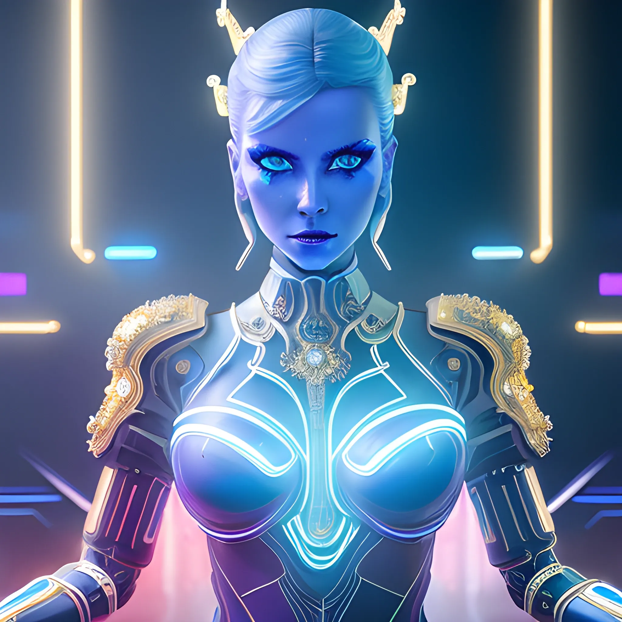 A hyperrealistic CGI cinematic composition of a futuristic female android Queen with piercing blue LED eyes, her metal body is painted white and is extremely glossy coated with intricate gold designs that make her look like she’s made out of fine china which showcases her royalty, blurred neon-lit cityscape in background, bright clean neon color palette, dramatic lightning, dramatic shadows, 3D
