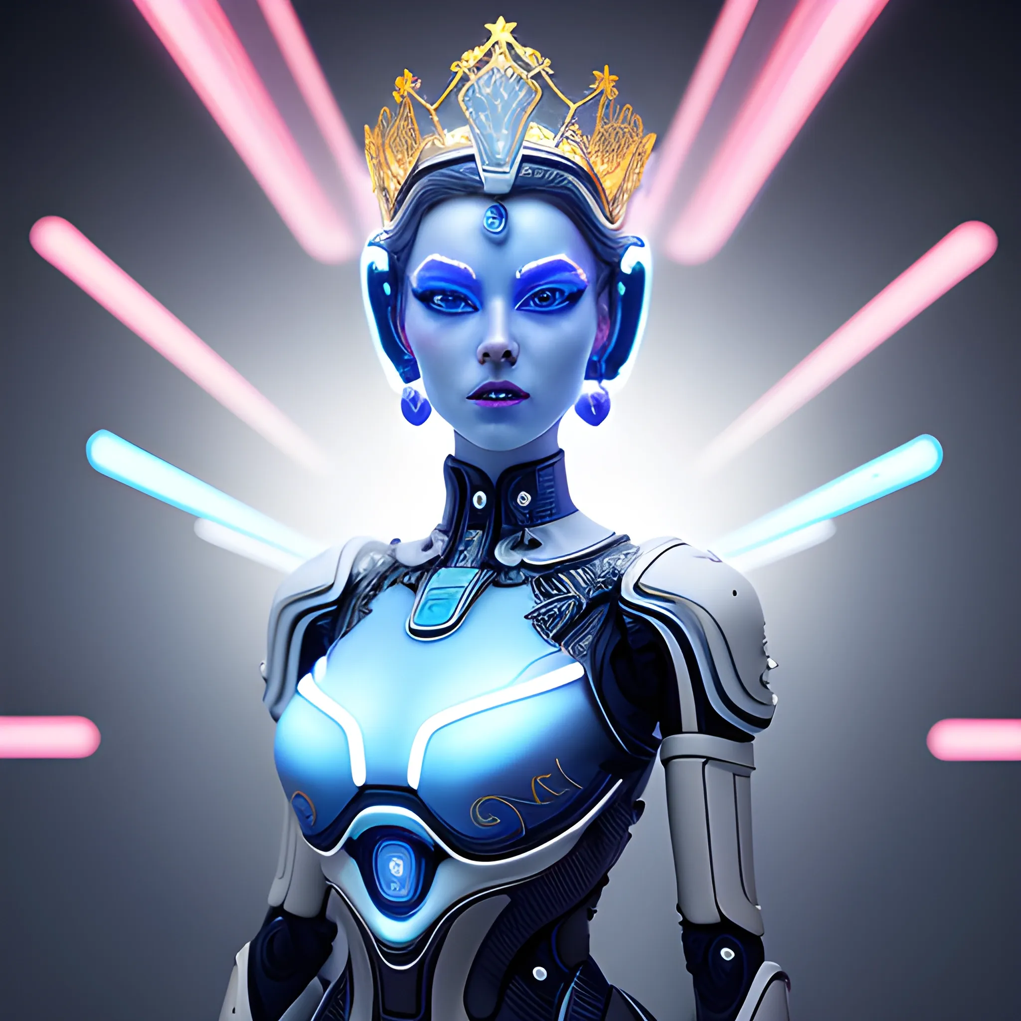 A hyperrealistic CGI cinematic composition of a futuristic female android Queen standing on a metal platform, her crown is also a visor that covers her piercing blue LED eyes, her body is made of fine china ceramic white in color extremely glossy coated and adorned by intricate royal gold designs, blurred neon-lit cityscape in background, bright, clean, neon color palette, dramatic lightning, dramatic shadows, 3D