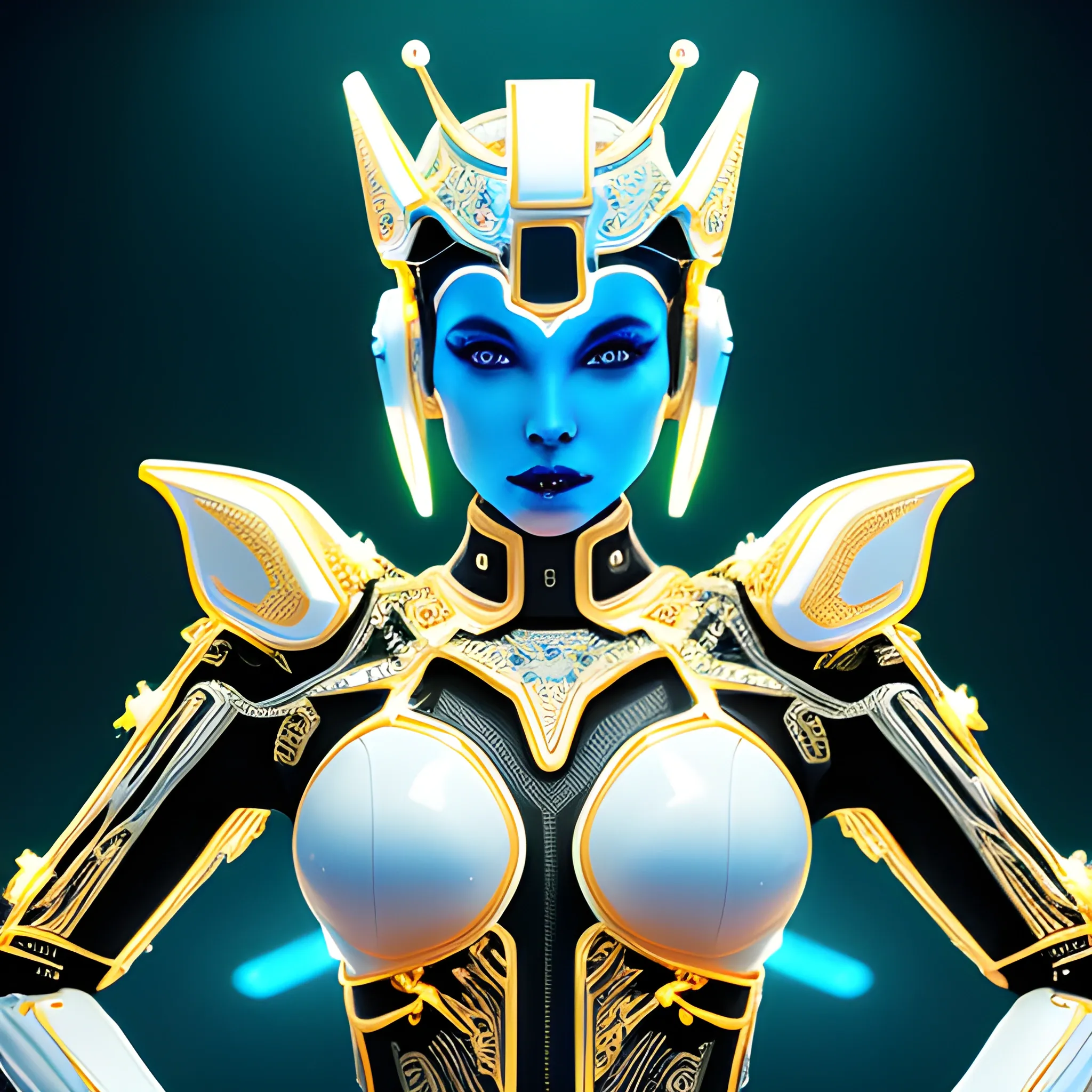 glossy futuristic android Queen, royalty, body is made of fine china(ceramic white, intricate gold designs), crown/helmet covers eyes and replaces them with piercing blue LED lights, standing in front of thrown, hyperrealistic, CGI, cinematic composition, bright, clean, neon lights, bright color palette, dramatic lightning, dramatic shadows, 3D