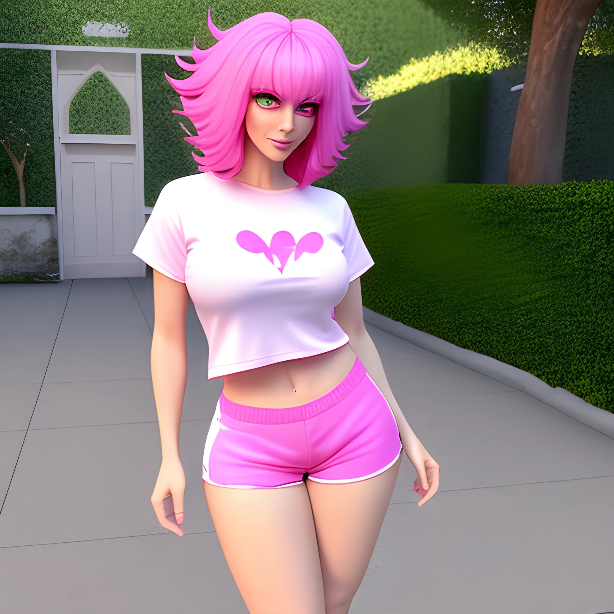 a trans girl who is wearing all pink (oversized t-shirt, white and pink booty shorts, white and pink shoes) with a seductive look, 3D, full body picture, fit, HD 4k realistic