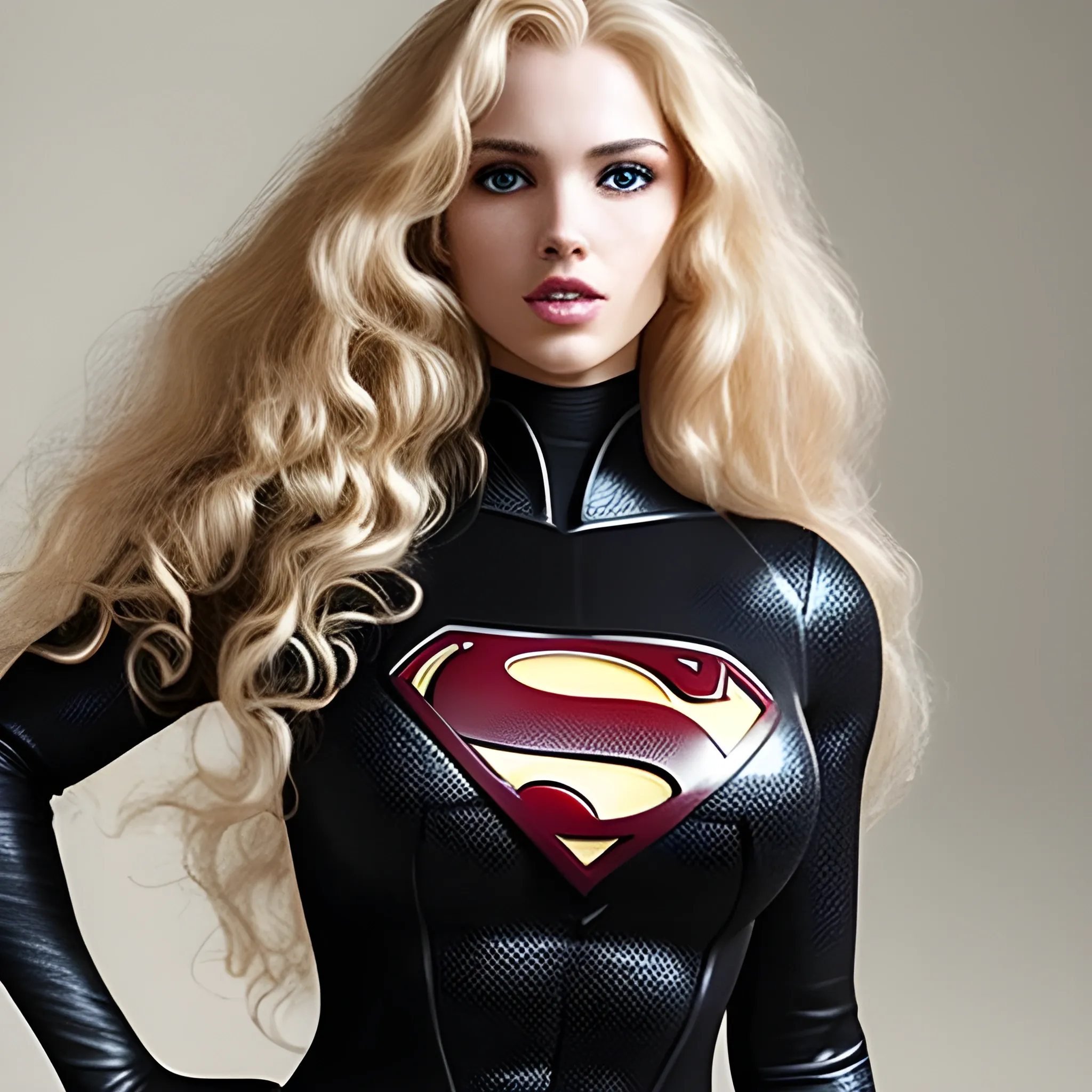 Sexy woman wearing black superman suit, long curly blonde hair