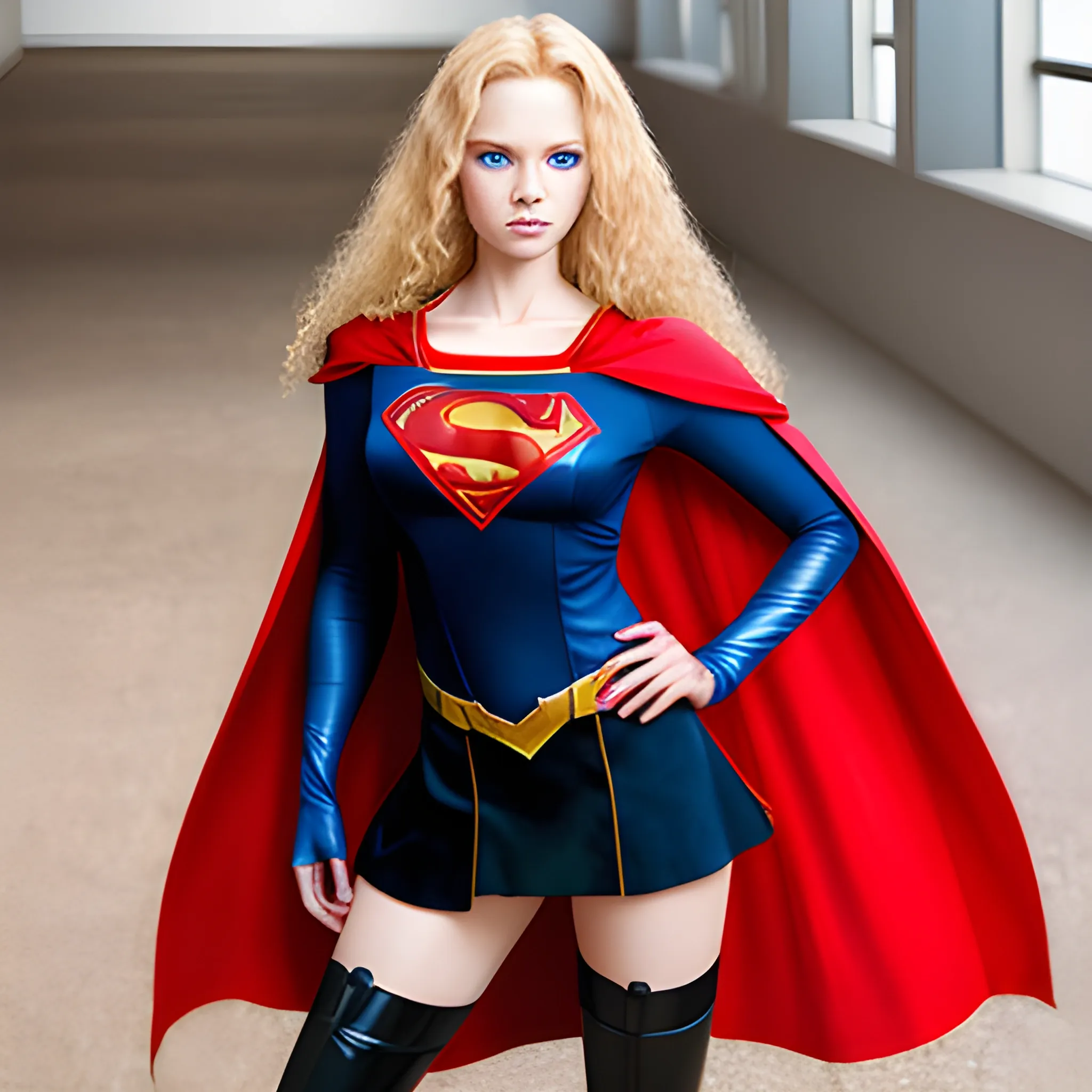 Sexy woman wearing black superman suit, long curly blonde hair, blue eyes, full body, wearing miniskirt, red cape
