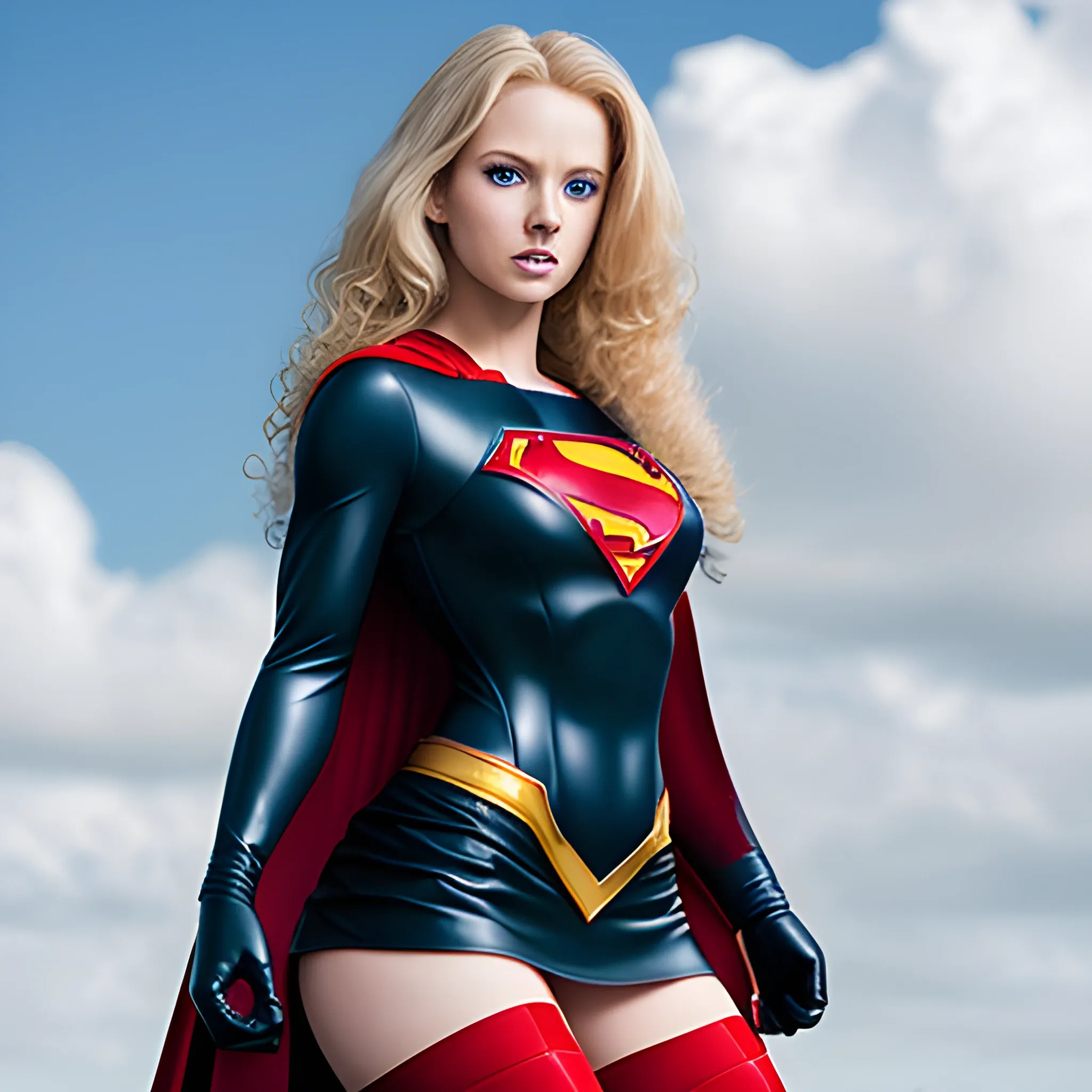 Sexy woman wearing black superman suit, long curly blonde hair, blue eyes, full body, wearing miniskirt, red cape, red bots