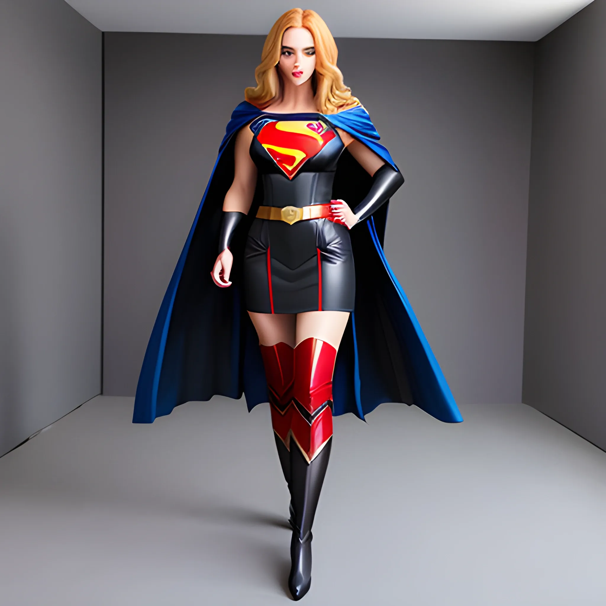 Sexy woman wearing black superman suit, long curly blonde hair, blue eyes, full body, wearing miniskirt, red cape, little boots