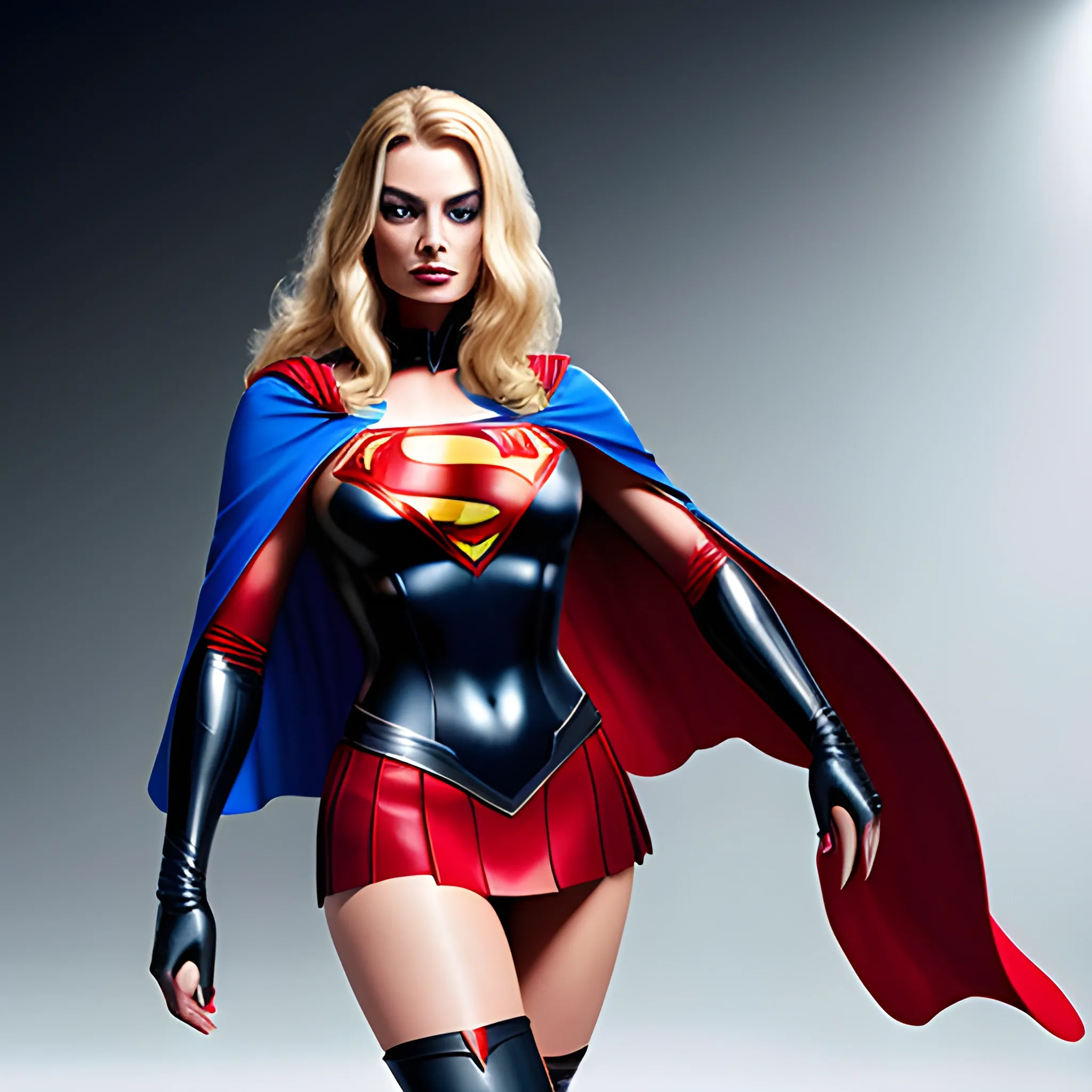 Sexy woman wearing black superman suit, long curly blonde hair, blue eyes, full body, wearing miniskirt, red cape, little boots, real human, Margot Robbie face