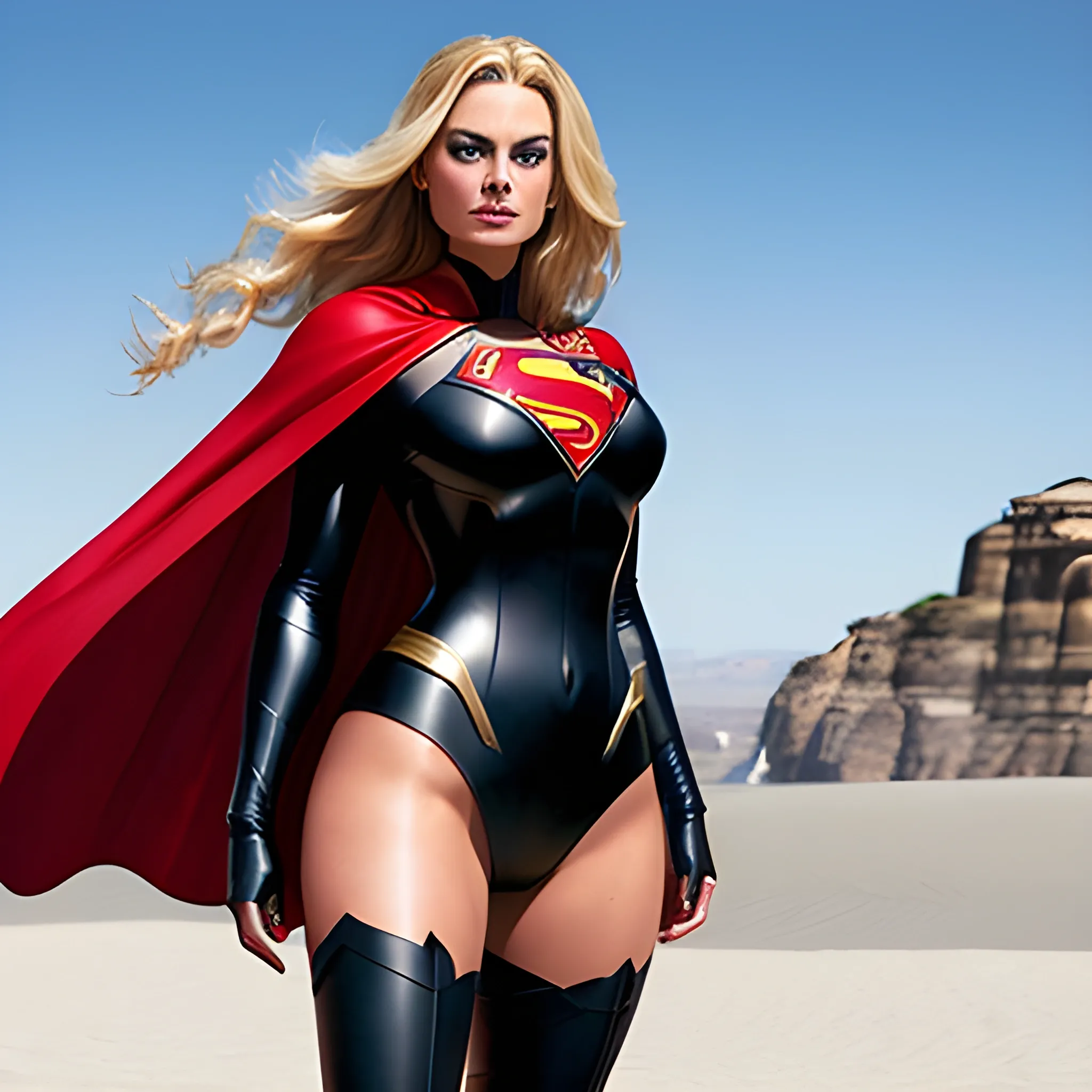 Sexy woman wearing black superman suit, long curly blonde hair, blue eyes, full body, wearing miniskirt, red cape, little boots, real human, Margot Robbie face