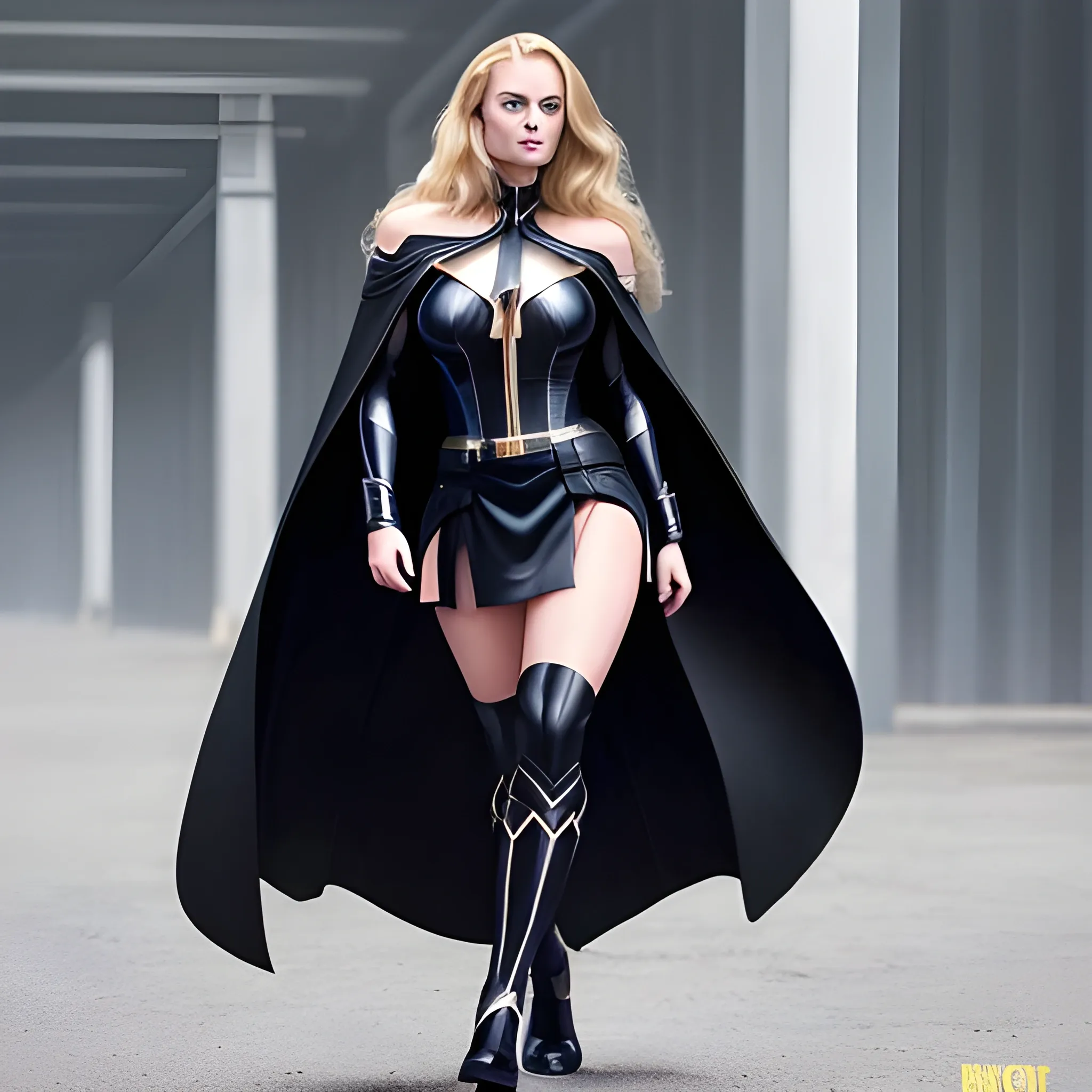 Sexy woman wearing black Adam suit, long curly blonde hair, blue eyes, full body, wearing miniskirt, black cape, black shoes, real human, Margot Robbie face