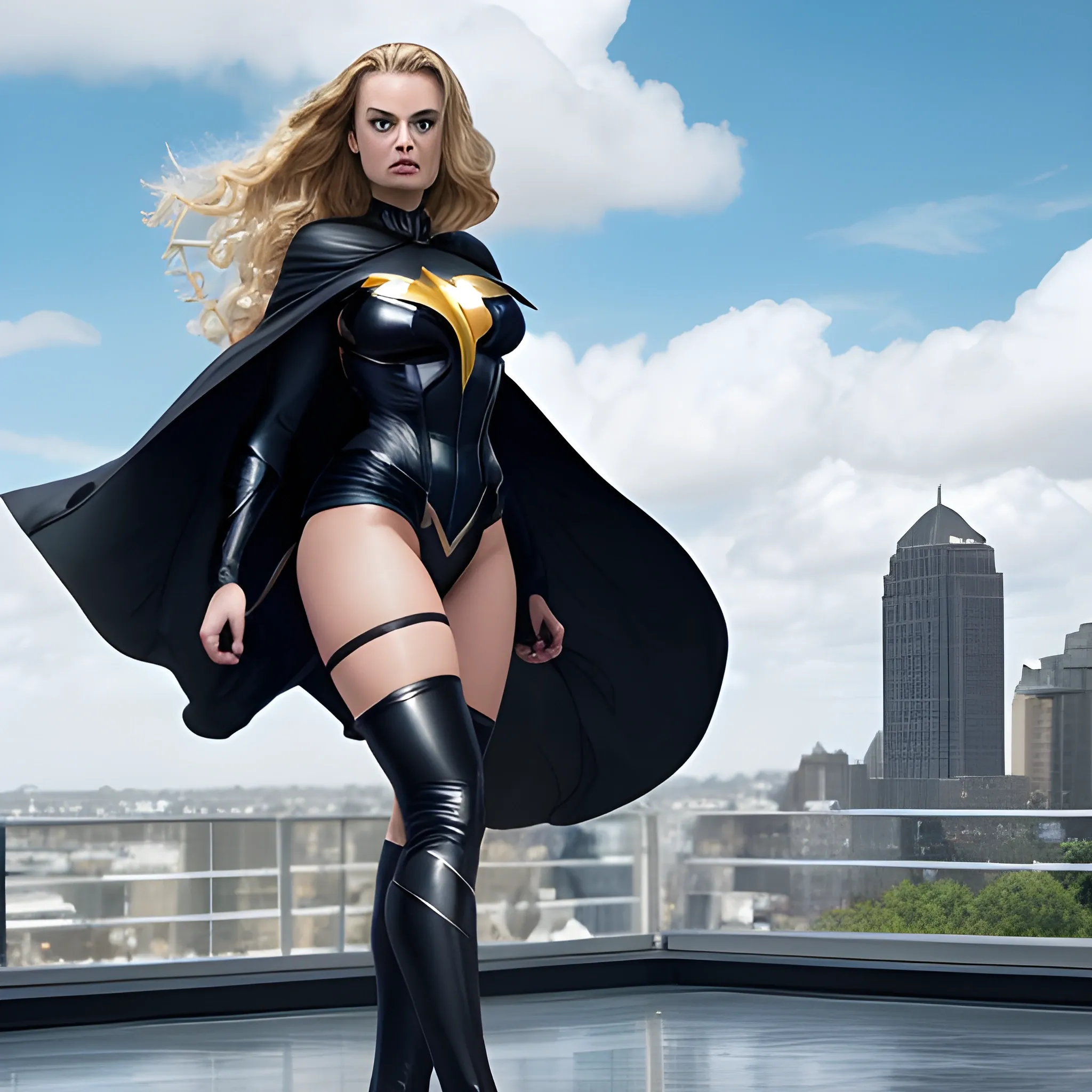 Sexy woman wearing black Adam suit, long curly blonde hair, blue eyes, full body, wearing miniskirt, black cape, black shoes, real human, Margot Robbie face, suspended in the sky