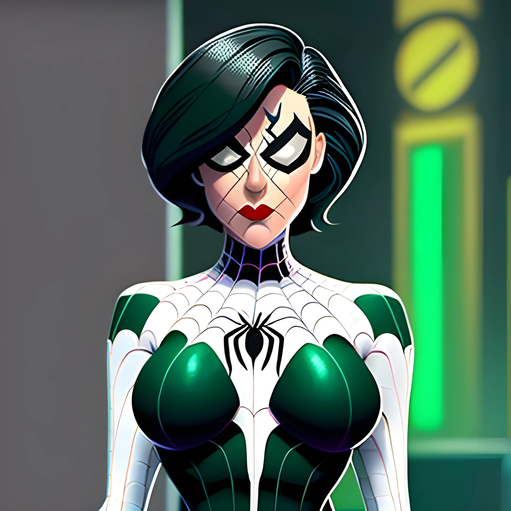 Chica, pelo blanco, ojos grandes como perlas, traje de Spider-girl color negro y verde, estilo spiderman across the spider verse