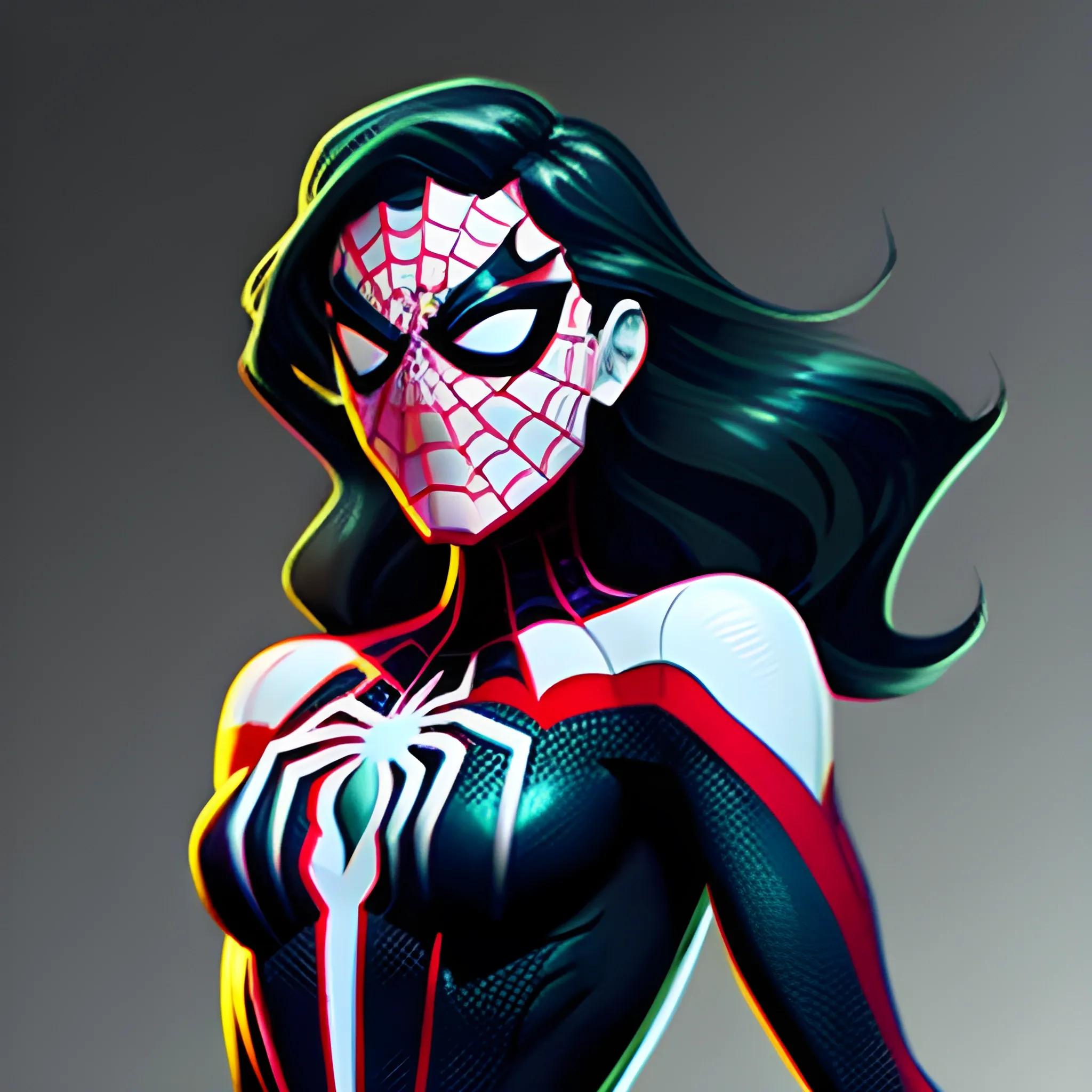 Chica joven de pelo blanco, ojos color grises, traje de Spider-girl color negro y verde, estilo spiderman across the spider verse