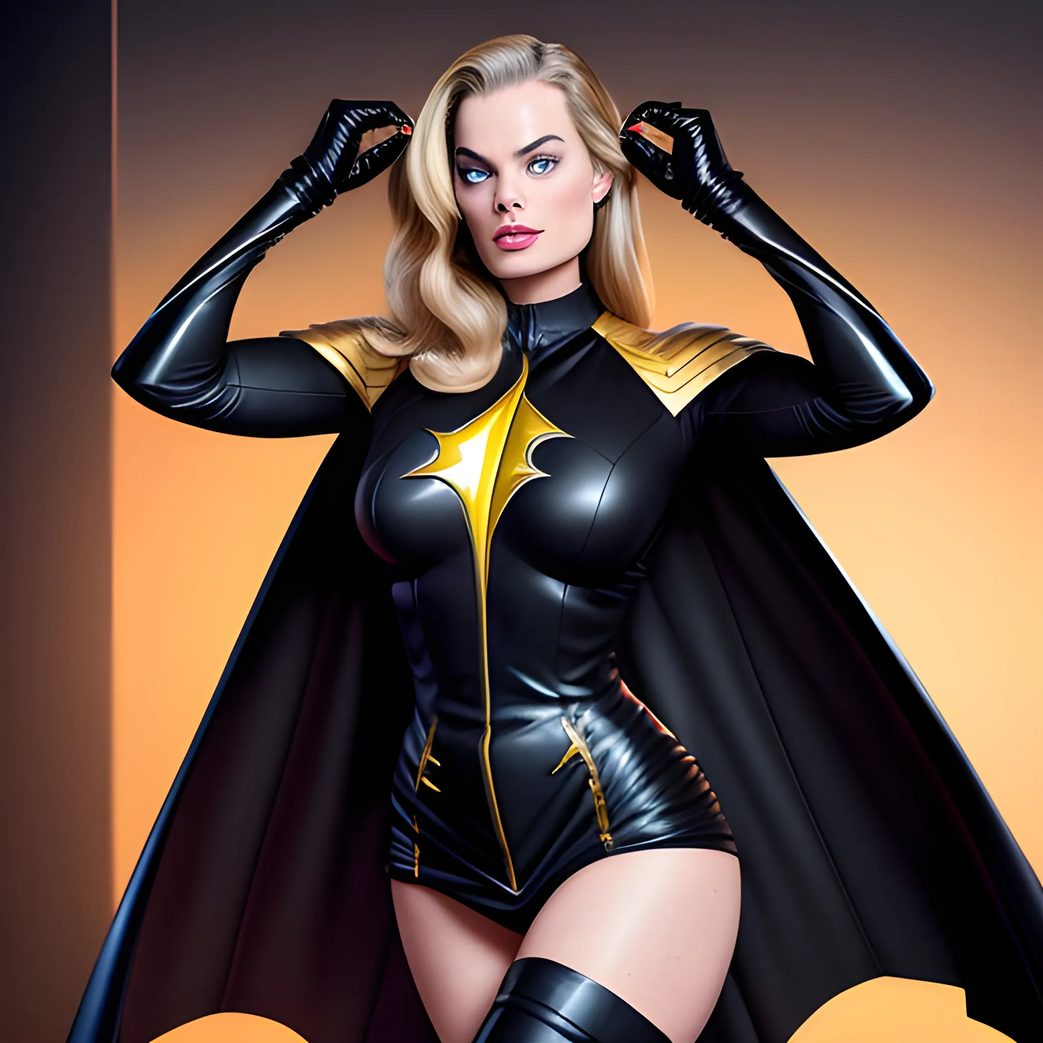 Sexy woman wearing a black Adam suit, Margot Robbie face, full body, wearing a miniskirt, black cape, real human appearance, 