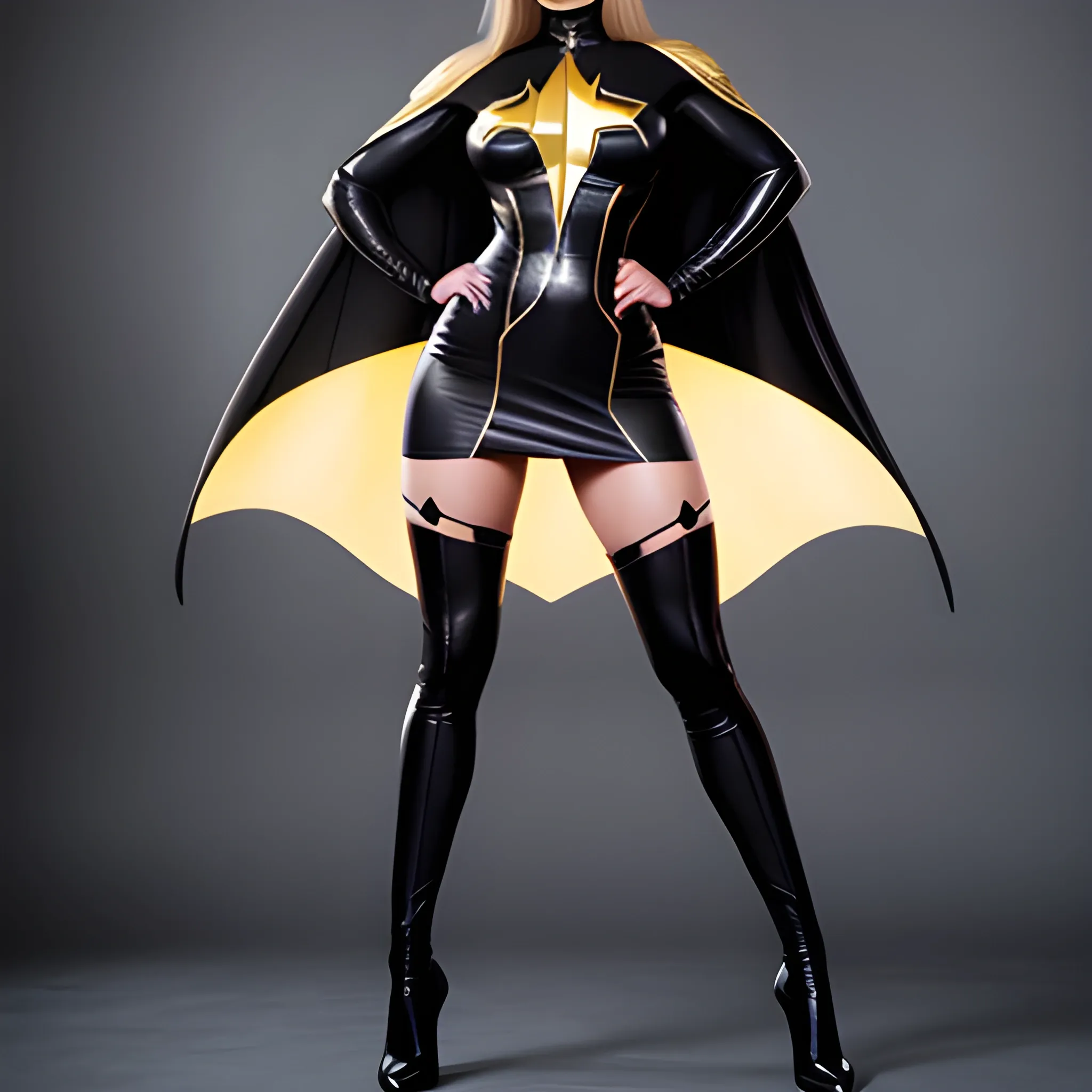 Sexy woman wearing a black Adam suit, similar to Margot Robbie face, full body, wearing a miniskirt, black cape, real human appearance, 