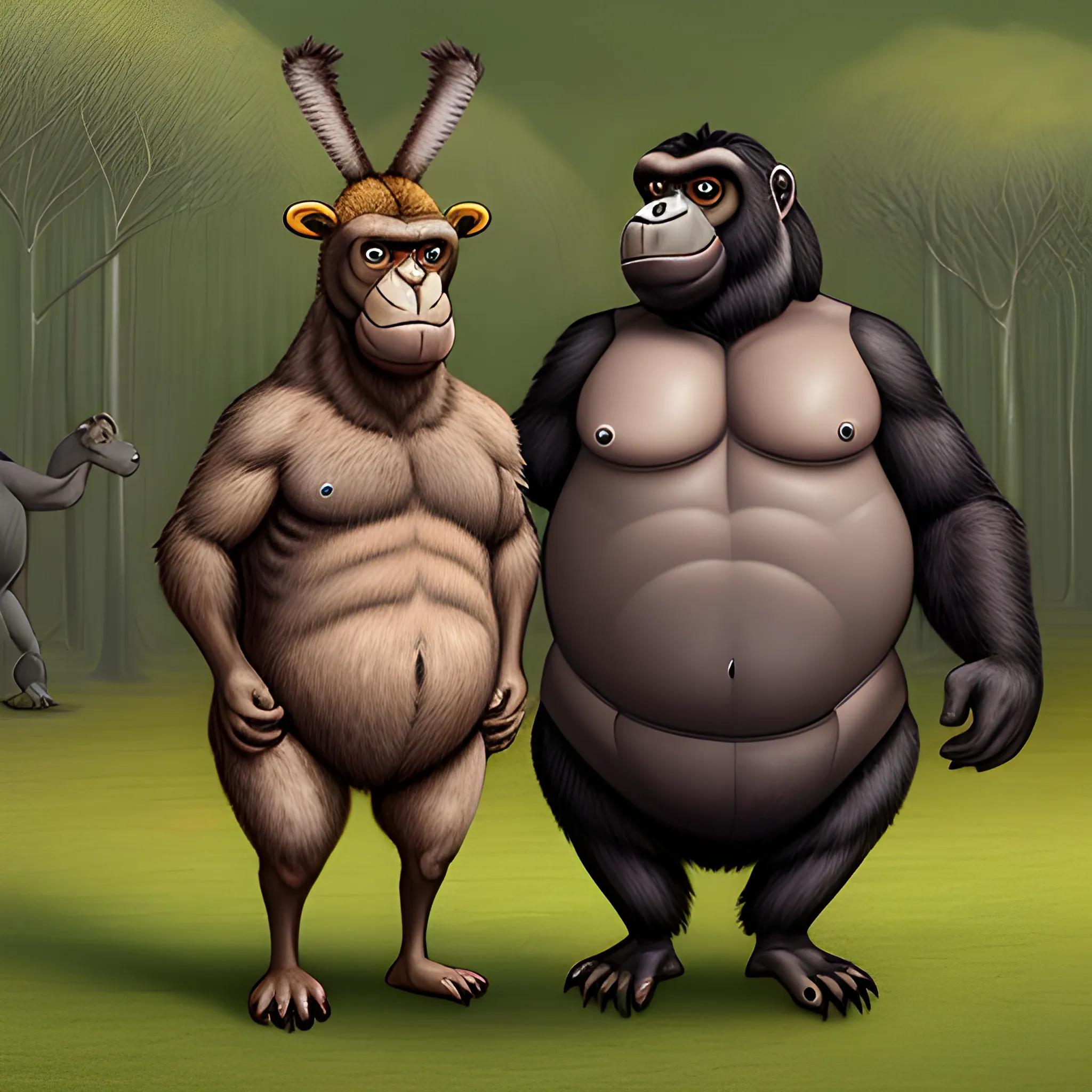 An animal called Hallowanny Bird standing near a half Kangaroo half gorilla and half moose