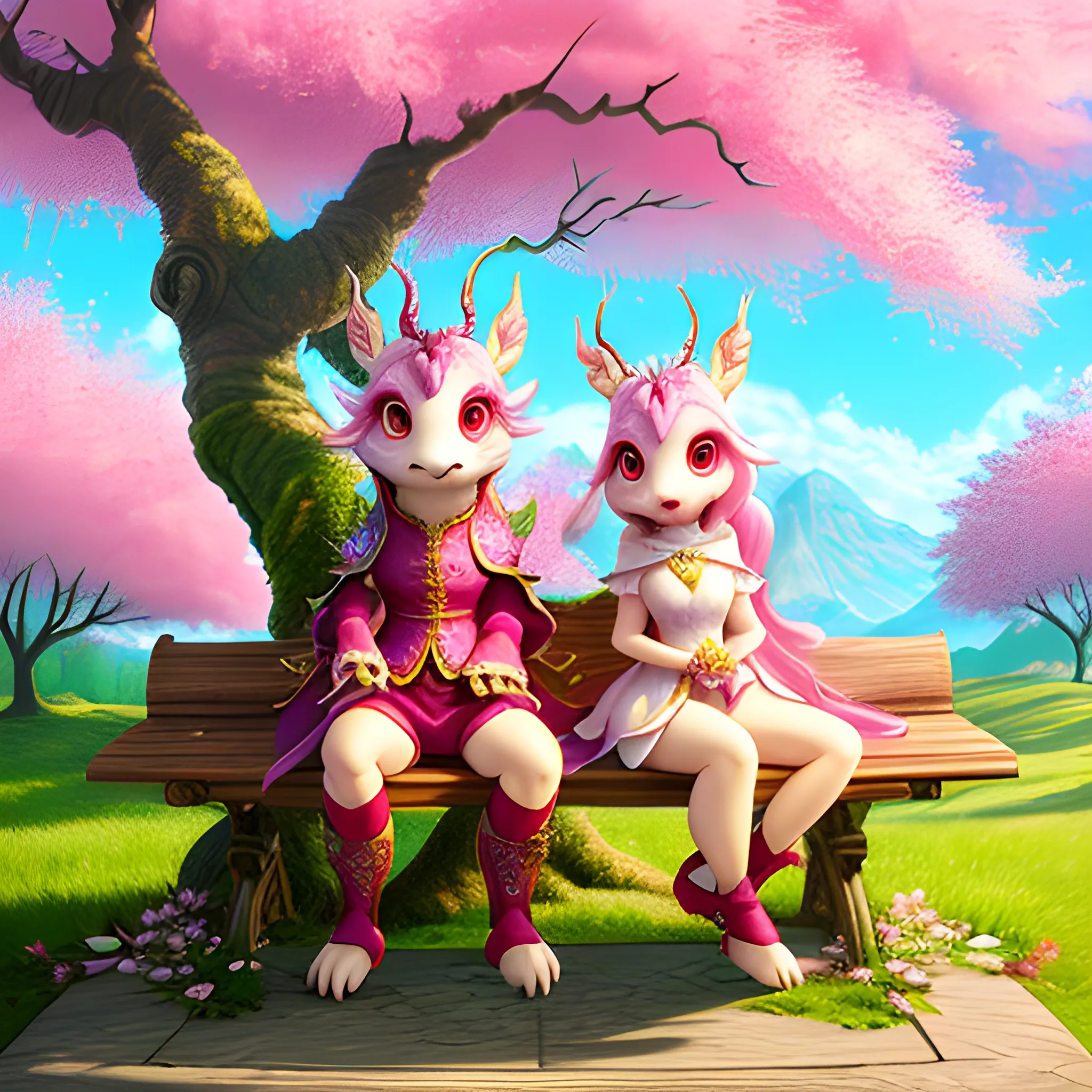 Portrait of an adorable tiny two dragons sitting on a branch, cherryblossom, hearts, love, sitting on bench, fantasy background, maximalism, incredible composition, dynamic lighting, hyperrealism, hyper detailed, photorealistic, 18k resolution, realism, cel shaded, Volumetric lighting, masterpiece, Trippy