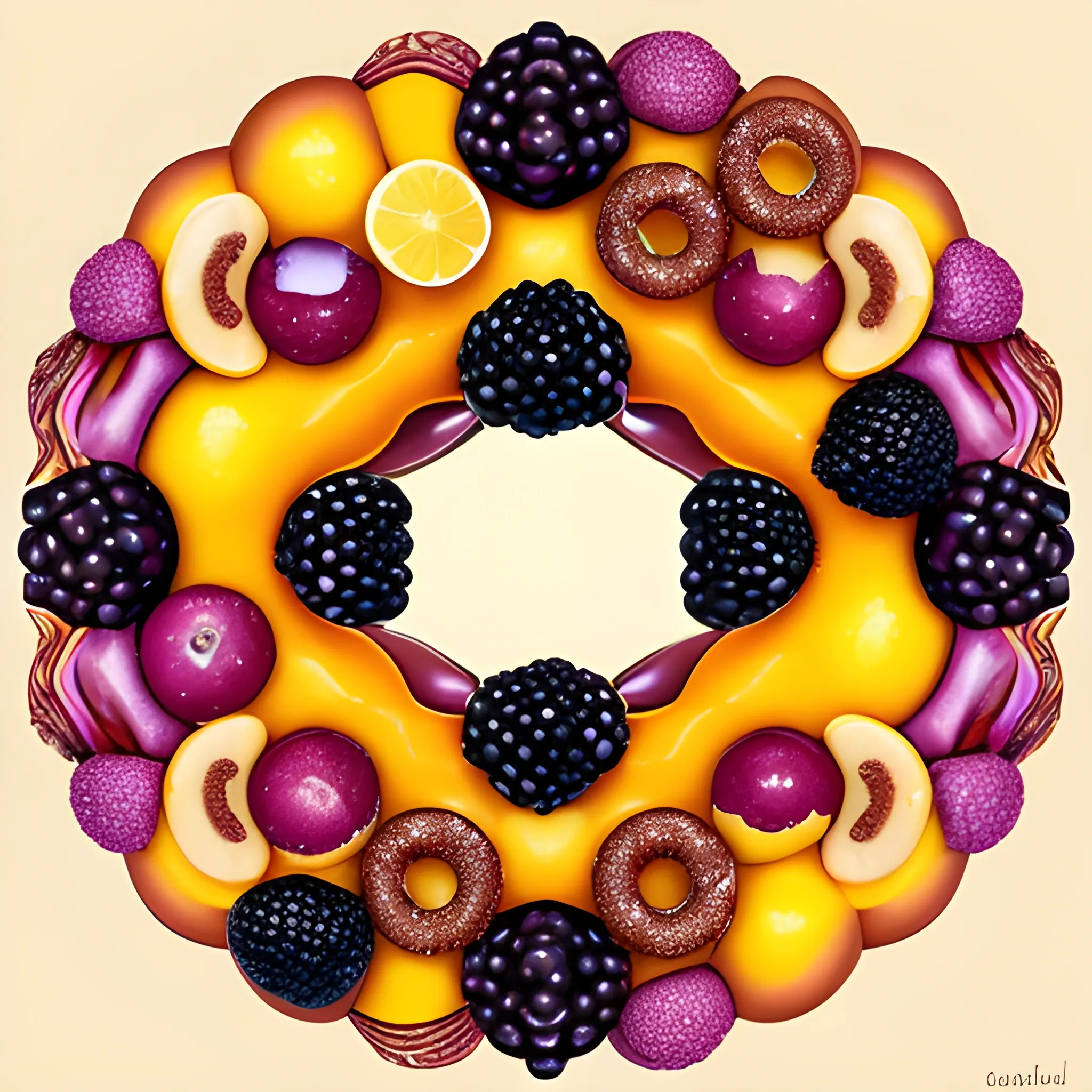 Make a huge donut full of caramel, chocolate, lemon cream, blackberries, macro photography, abstract, surreal art, Surrealism, whimsical illustrations, vibrant colors, intricate details, illustration,
