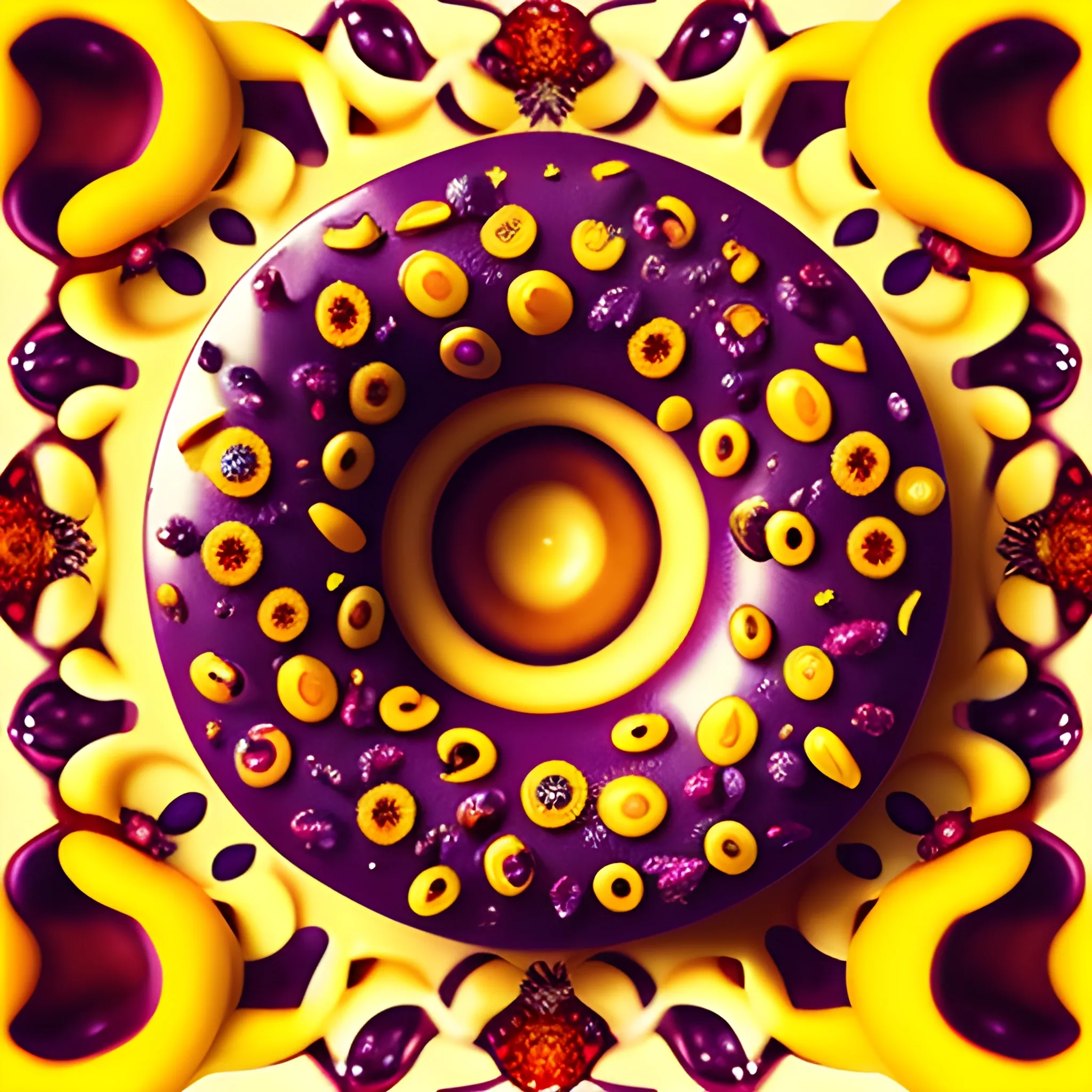 Make a huge donut full of caramel, chocolate, lemon cream, blackberries, macro photography, abstract, surreal art, Surrealism, whimsical illustrations, vibrant colors, intricate details, illustration,, 3D