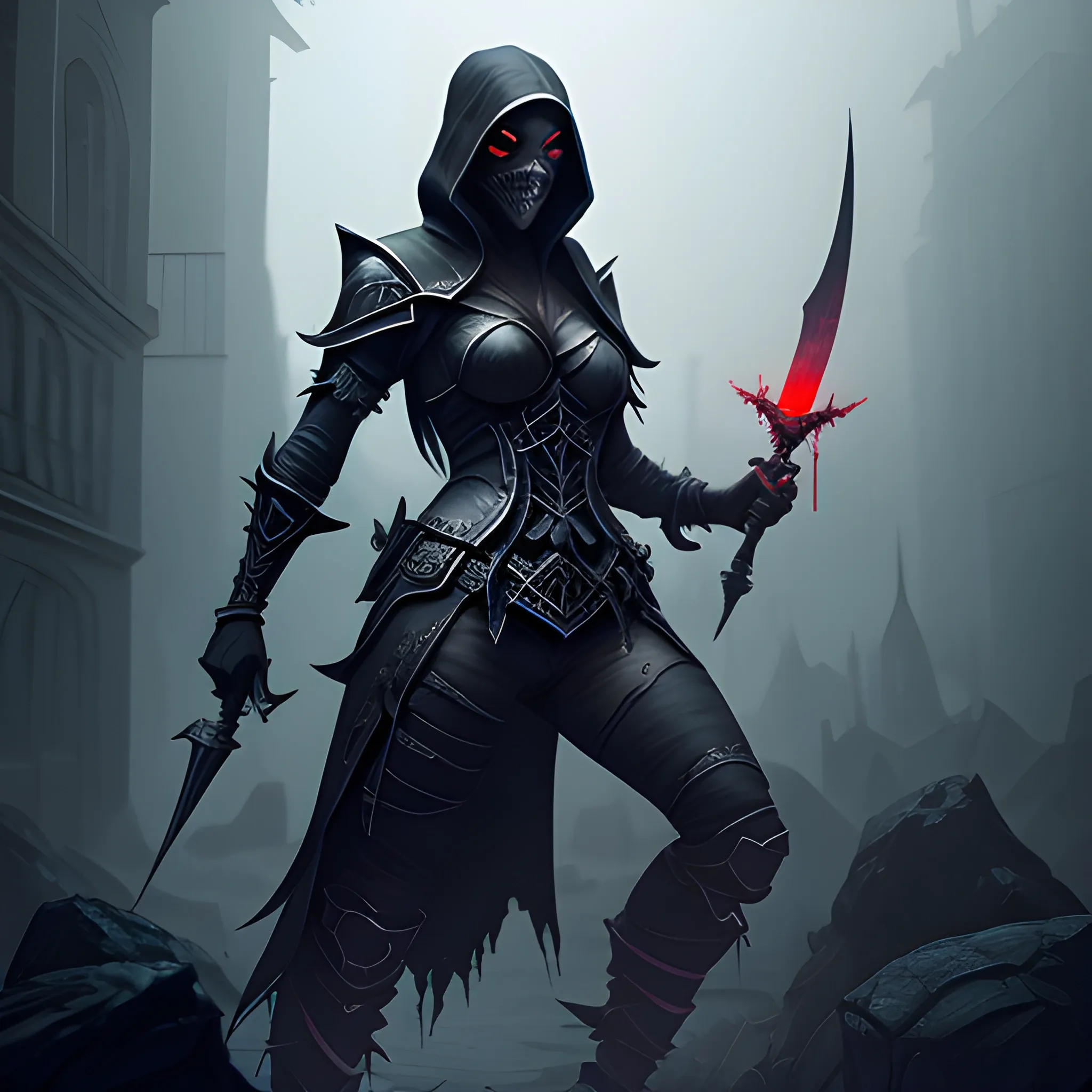 shadow assassin with mask, dagger in hand, murder in background ...