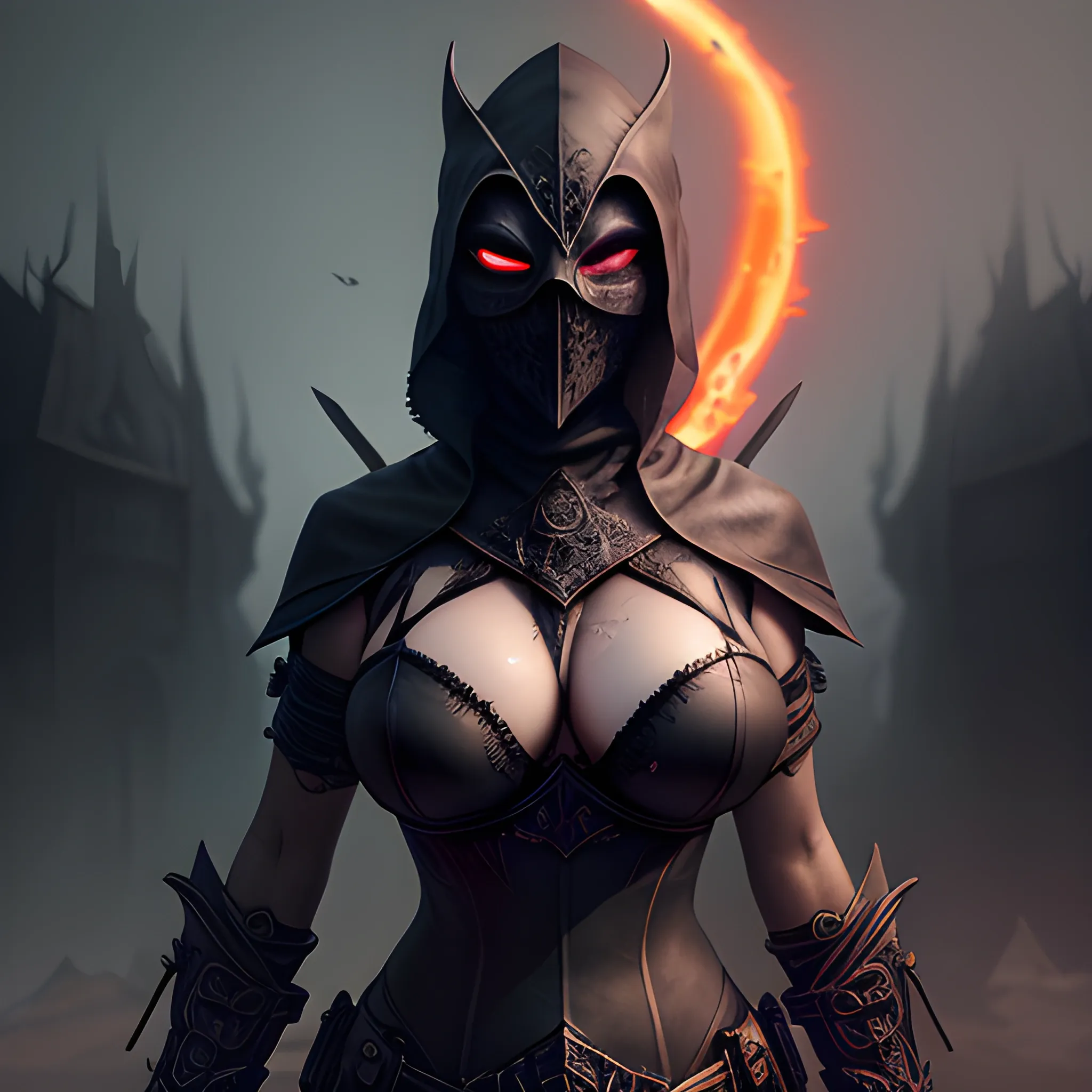 busty shadow assassin with mask, dagger in hand, a lot of blood, darkness, shadow, black cloud, black fog, 8k, high resolution, high quality, photorealistic, hyperrealistic, detailed, detailed matte painting, deep color, fantastical, intricate detail, splash screen, complementary colors, fantasy concept art, 8k resolution trending on Artstation Unreal Engine