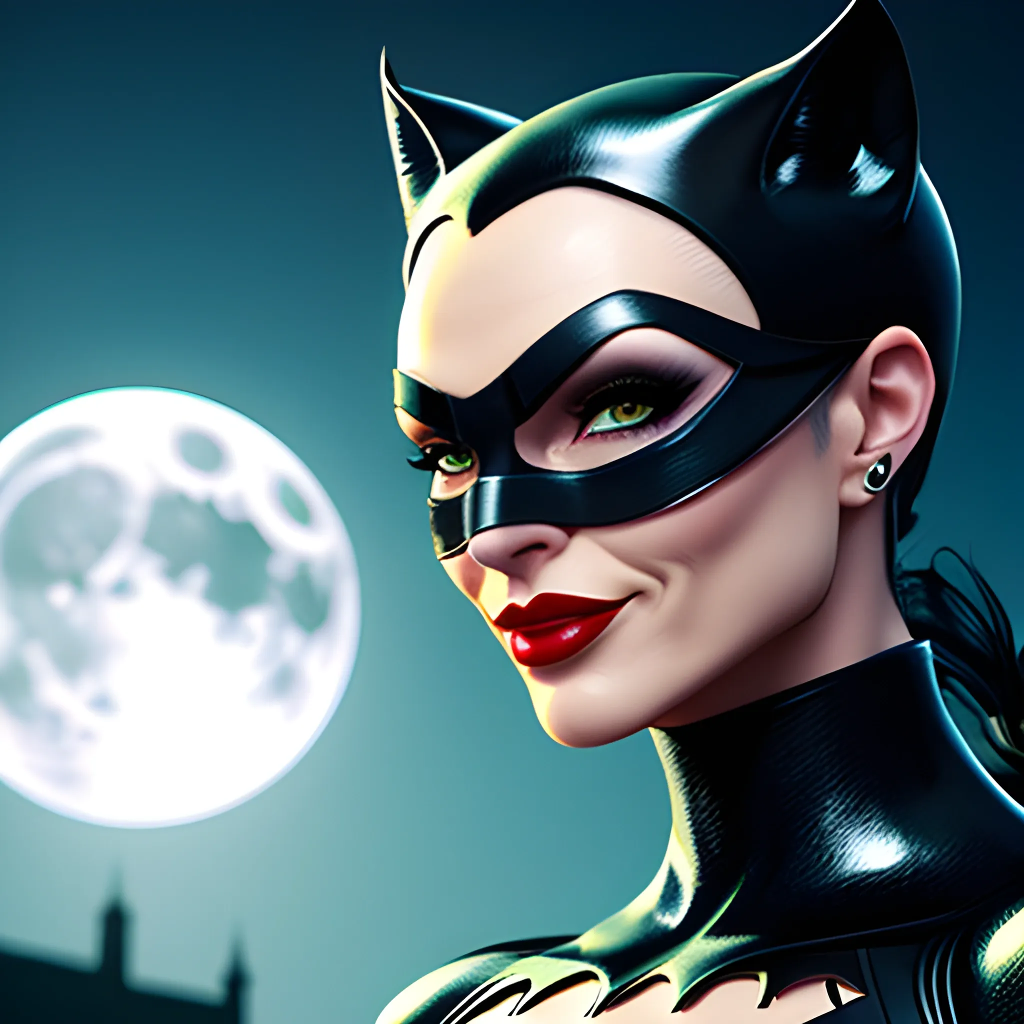 Charming young catwoman in strong light night, realistic portrait style under moonlight, 3D