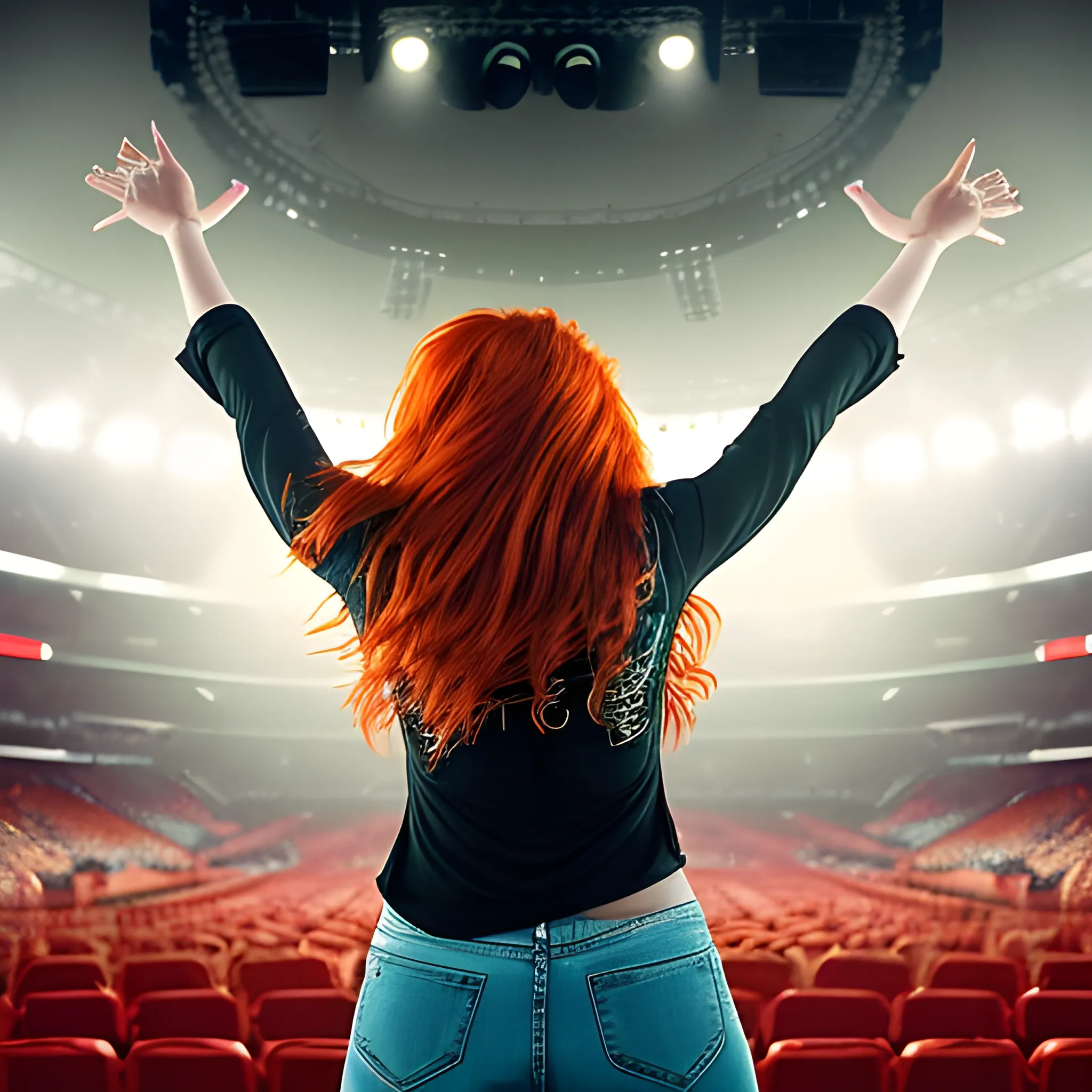 Adult female singer aged 25 to 30 on a concert arena or stadium stage, photograph taken from behind her as she looks out into the audience, long quite wild red/ginger hair with a fringe, guitar slung around onto her back with the fret pointed upwards at an angle, maybe with her arms in the air experiencing the energy coming from the audience. 