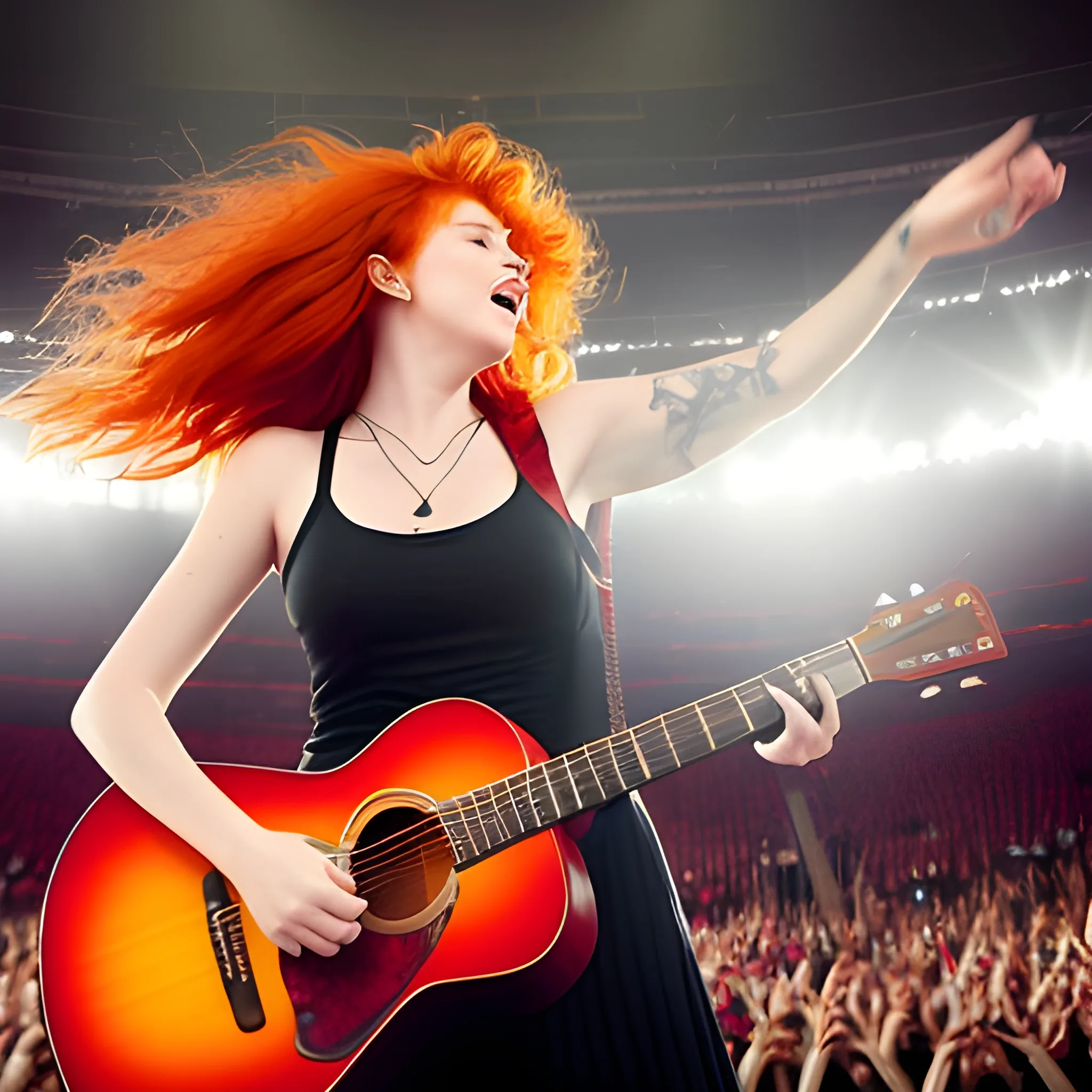 Adult female singer aged 25 to 30 on a concert arena or stadium stage, photograph taken from behind her as she looks out into the audience, long quite wild red/ginger hair with a fringe, guitar slung around onto her back with the fret pointed upwards at an angle, maybe with her arms in the air experiencing the energy coming from the audience. 