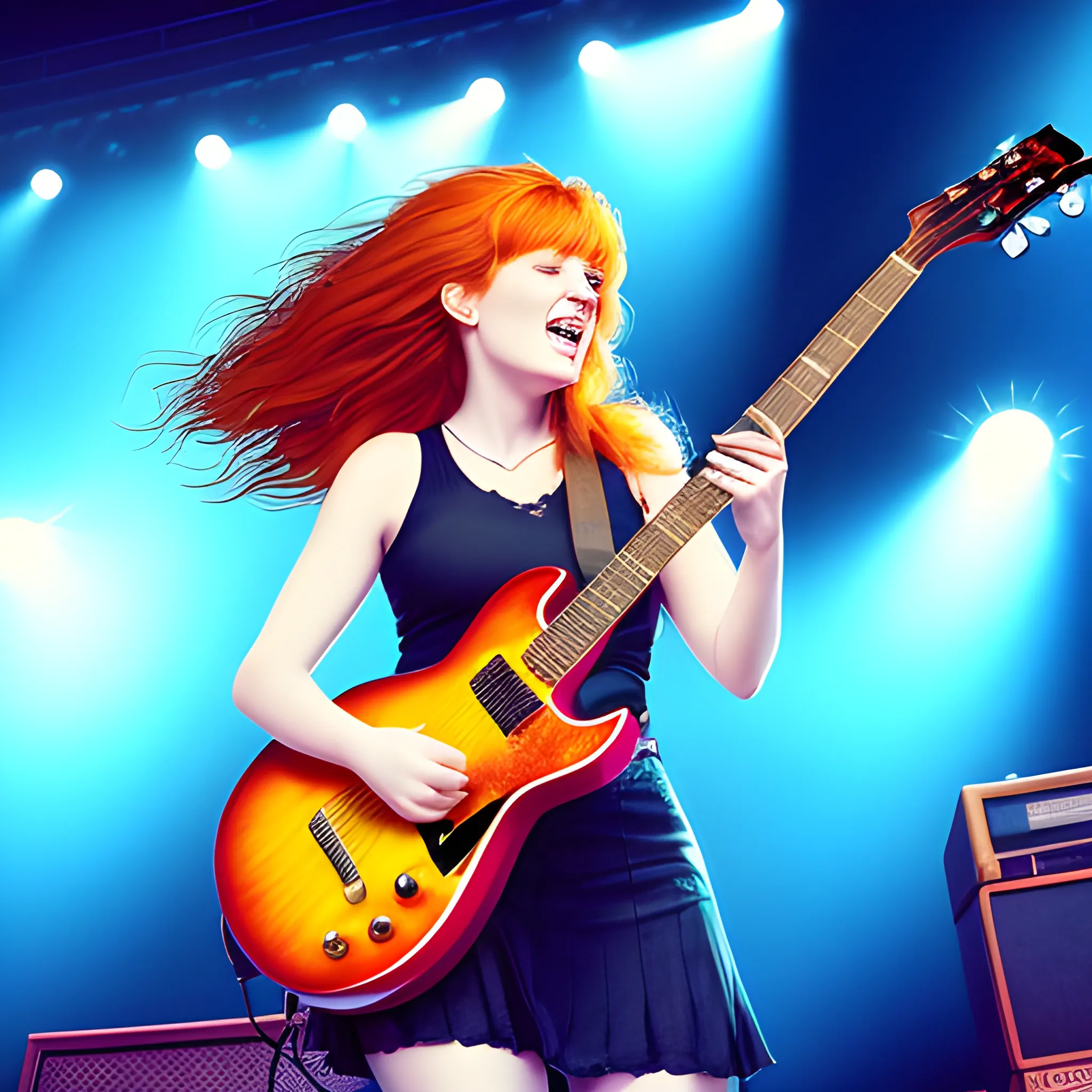 photo realistic, high res, life like  Adult female singer/ guitarist aged 25 to 30 on a concert arena or stadium stage, photograph taken from behind her as she looks out into the audience, long quite wild red/ginger hair with a fringe, guitar slung around onto her back with the fret pointed upwards at an angle, maybe with her arms in the air experiencing the energy coming from the audience. 