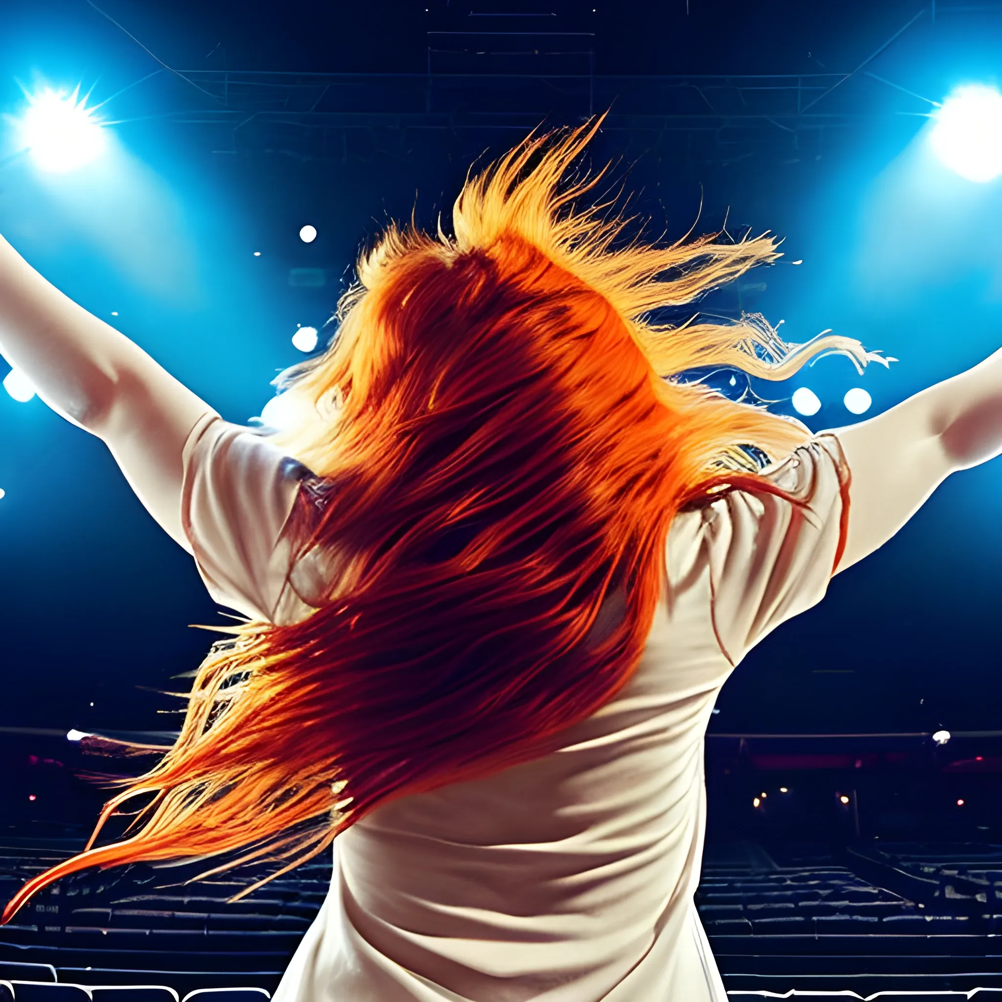 Adult female singer aged 25 to 30 on a concert arena or stadium stage, photograph taken from behind her as she looks out into the audience, long quite wild red/ginger hair with a fringe, guitar slung around onto her back with the fret pointed upwards at an angle, maybe with her arms in the air experiencing the energy coming from the audience. 