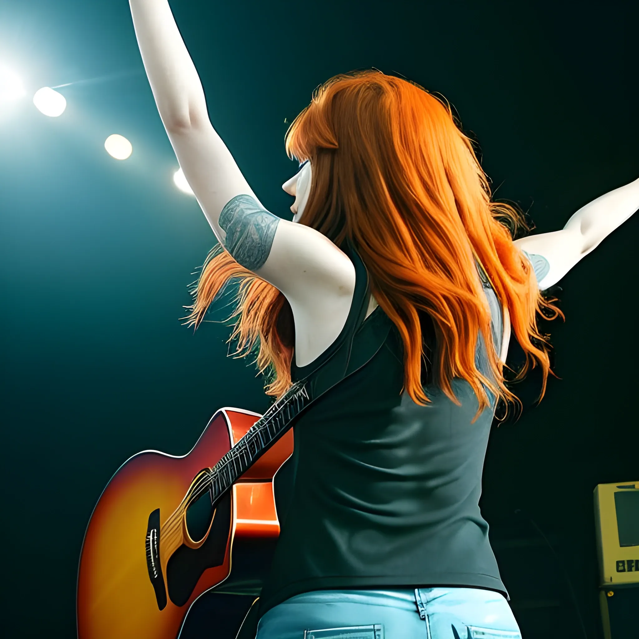 realistic, 4k, life like, Adult female singer/guitarist aged 25 to 30 on a concert arena or stadium stage, photograph taken from behind her as she looks out into the audience, long quite wild red/ginger hair with a fringe, guitar slung around onto her back with the fret pointed upwards at an angle, maybe with her arms in the air experiencing the energy coming from the audience.
