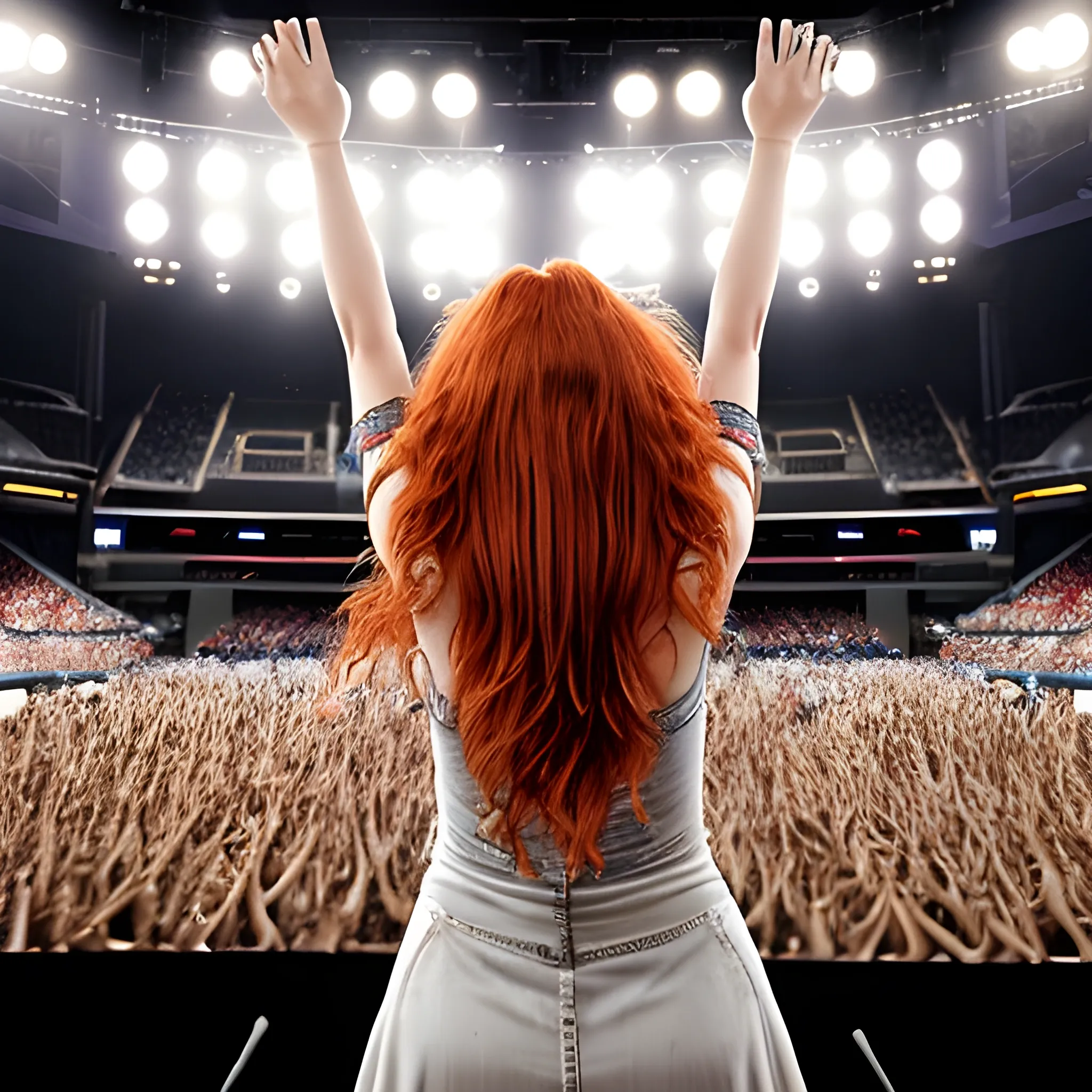 realistic, 4k, life like, Adult female singer/guitarist aged 25 to 30 on a concert arena or stadium stage, photograph taken from behind her as she looks out into the audience, long quite wild red/ginger hair with a fringe, guitar slung around onto her back with the fret pointed upwards at an angle, maybe with her arms in the air experiencing the energy coming from the audience.
