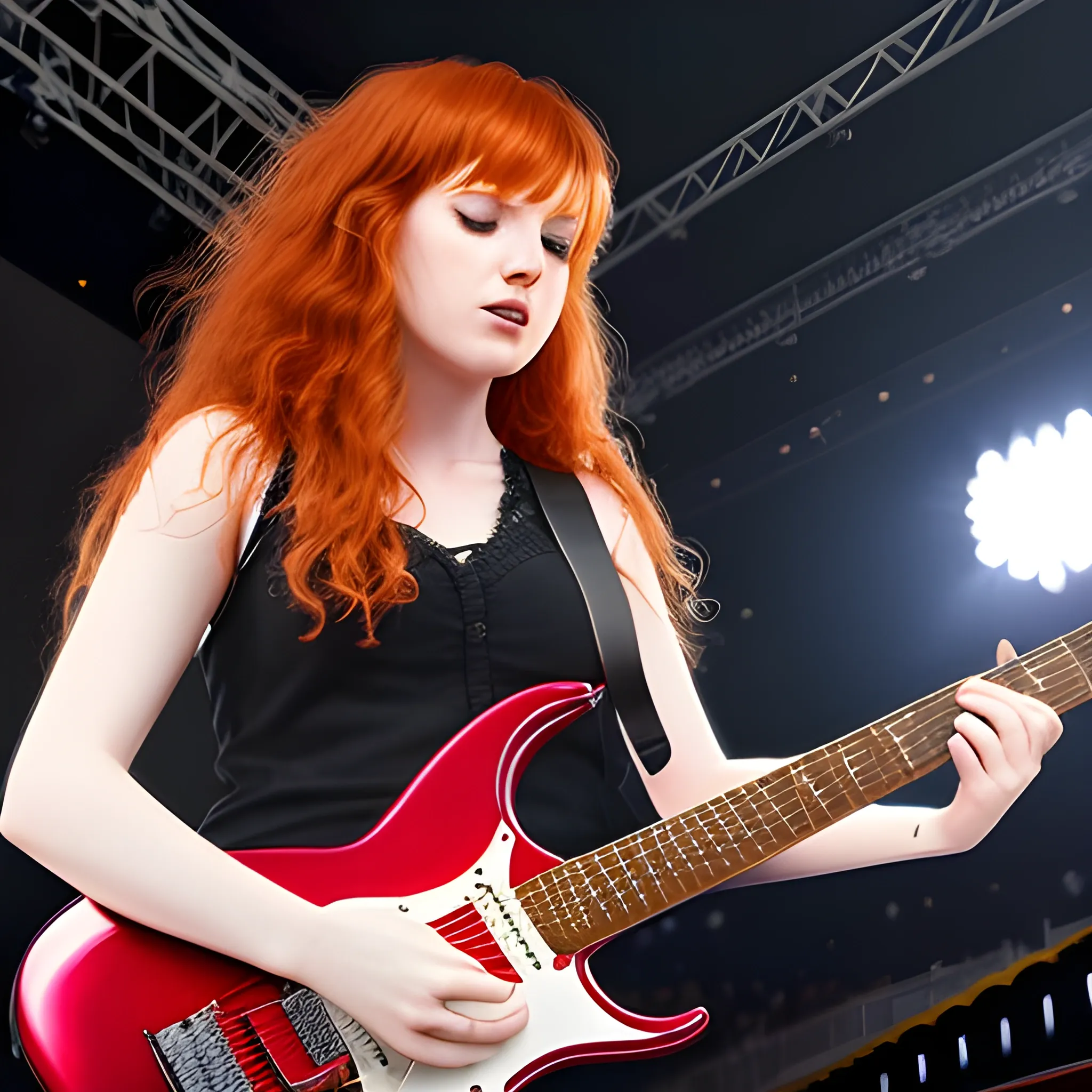 realistic, 4k, life like, Adult female singer/guitarist aged 25 to 30 on a concert arena or stadium stage, photograph taken from behind her as she looks out into the audience, long quite wild red/ginger hair with a fringe, guitar slung around onto her back with the fret pointed upwards at an angle, maybe with her arms in the air experiencing the energy coming from the audience. wearing electric guitar