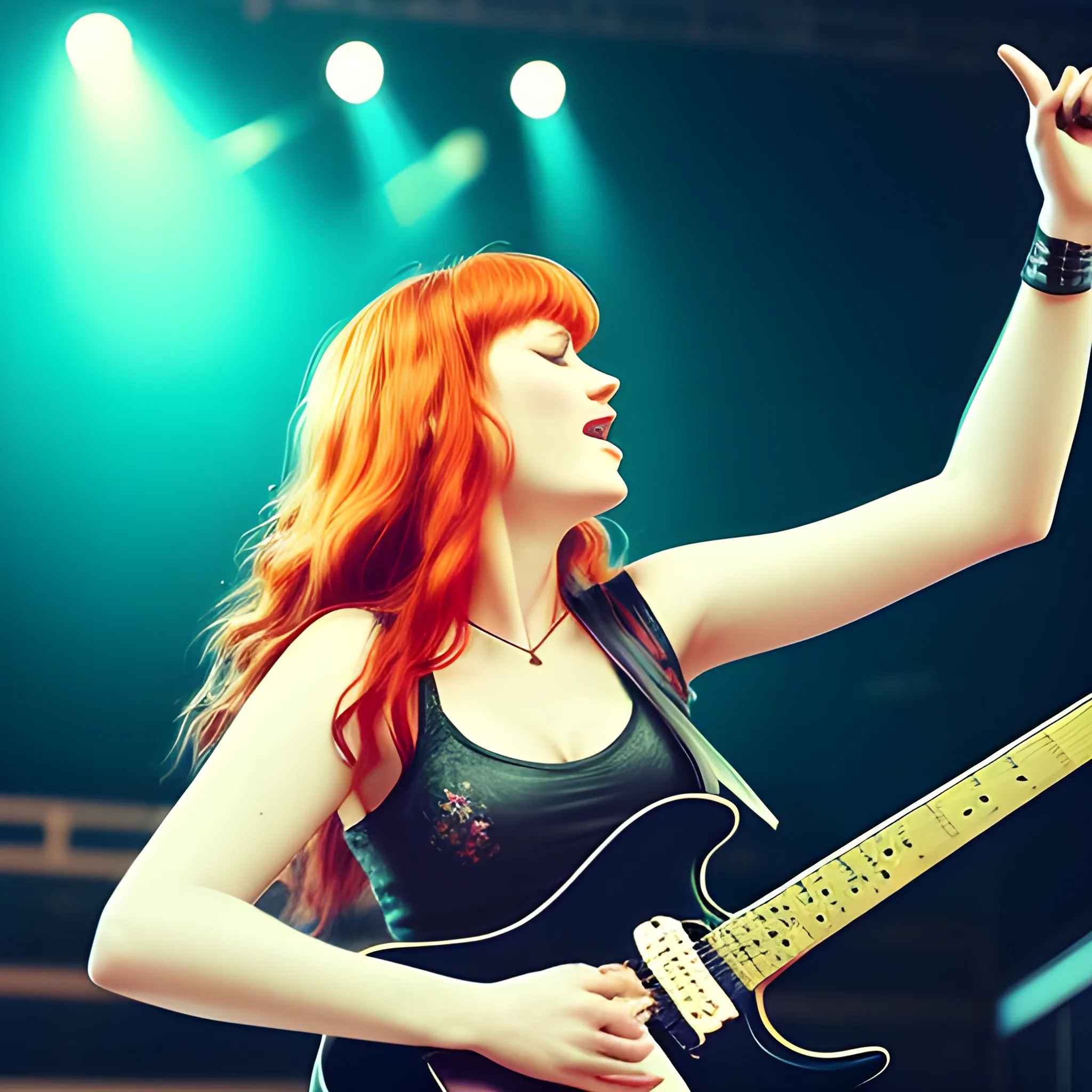 realistic, 4k, life like, Adult female singer/guitarist aged 25 to 30 on a concert arena or stadium stage, photograph taken from behind her as she looks out into the audience, long quite wild red/ginger hair with a fringe, guitar slung around onto her back with the fret pointed upwards at an angle, maybe with her arms in the air experiencing the energy coming from the audience. wearing electric guitar