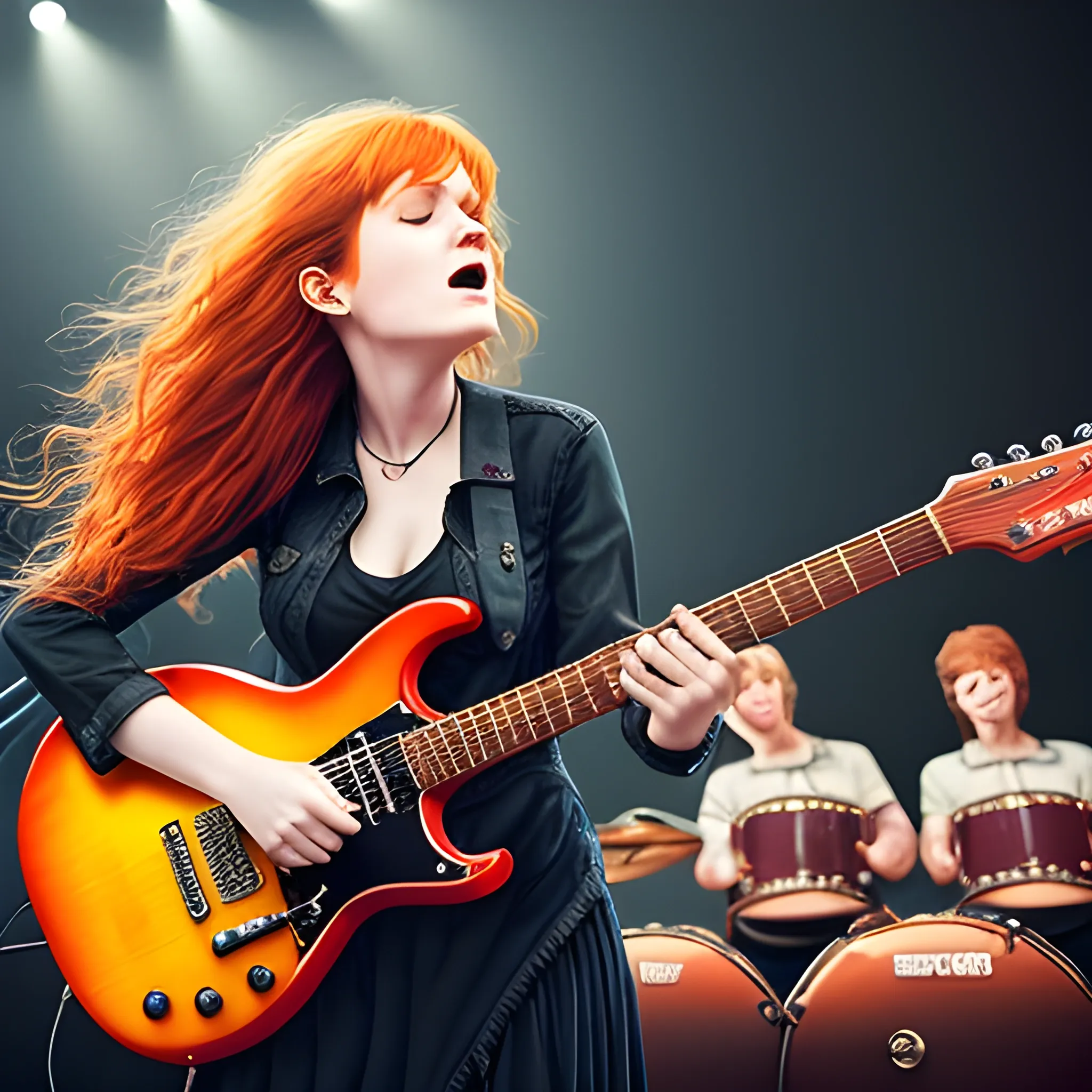 realistic, 4k, life like, Adult female singer/guitarist aged 25 to 30 on a concert arena or stadium stage, photograph taken from behind her as she looks out into the audience, long quite wild red/ginger hair with a fringe, guitar slung around onto her back with the fret pointed upwards at an angle, with her arms in the air experiencing the energy coming from the audience. wearing electric guitar on back