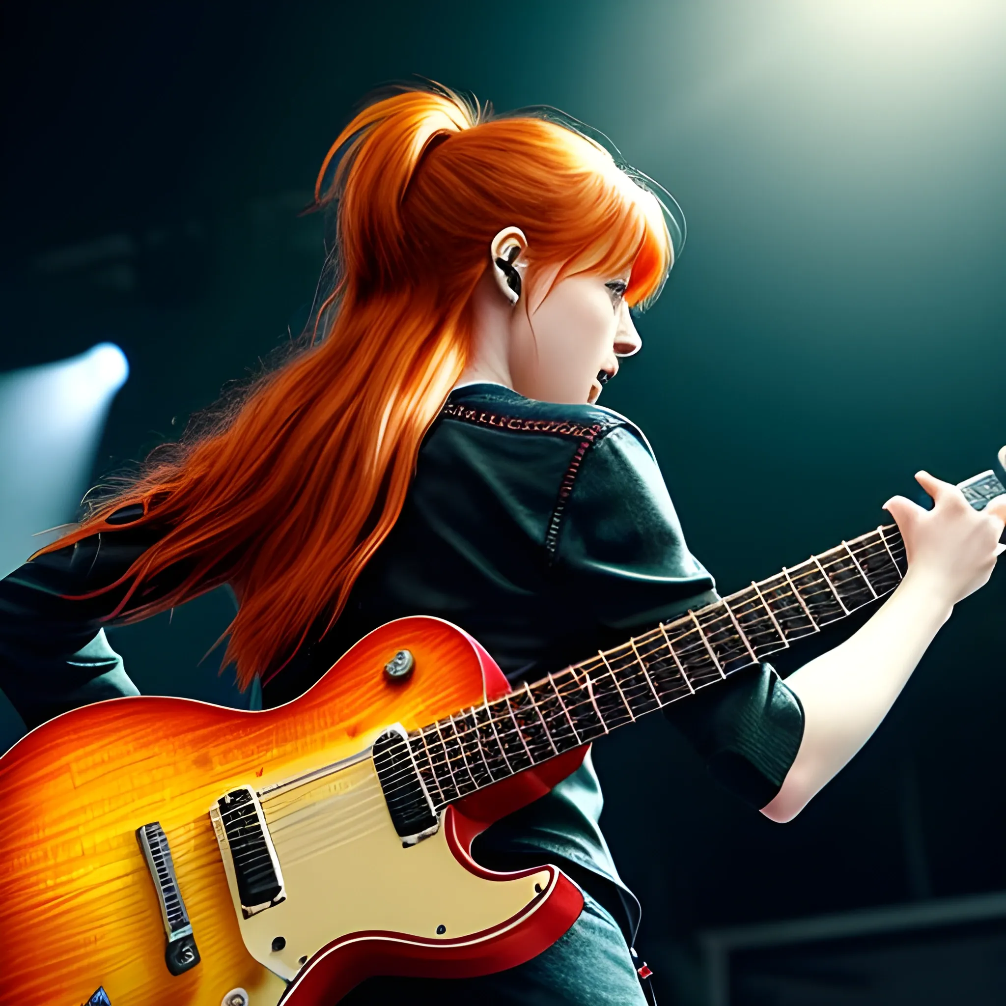 realistic, 4k, life like, Adult female singer/guitarist aged 25 to 30 on a concert arena or stadium stage, photograph taken from behind her as she looks out into the audience, long quite wild red/ginger hair with a fringe, guitar slung around onto her back with the fret pointed upwards at an angle, with her arms in the air experiencing the energy coming from the audience. wearing electric guitar on back