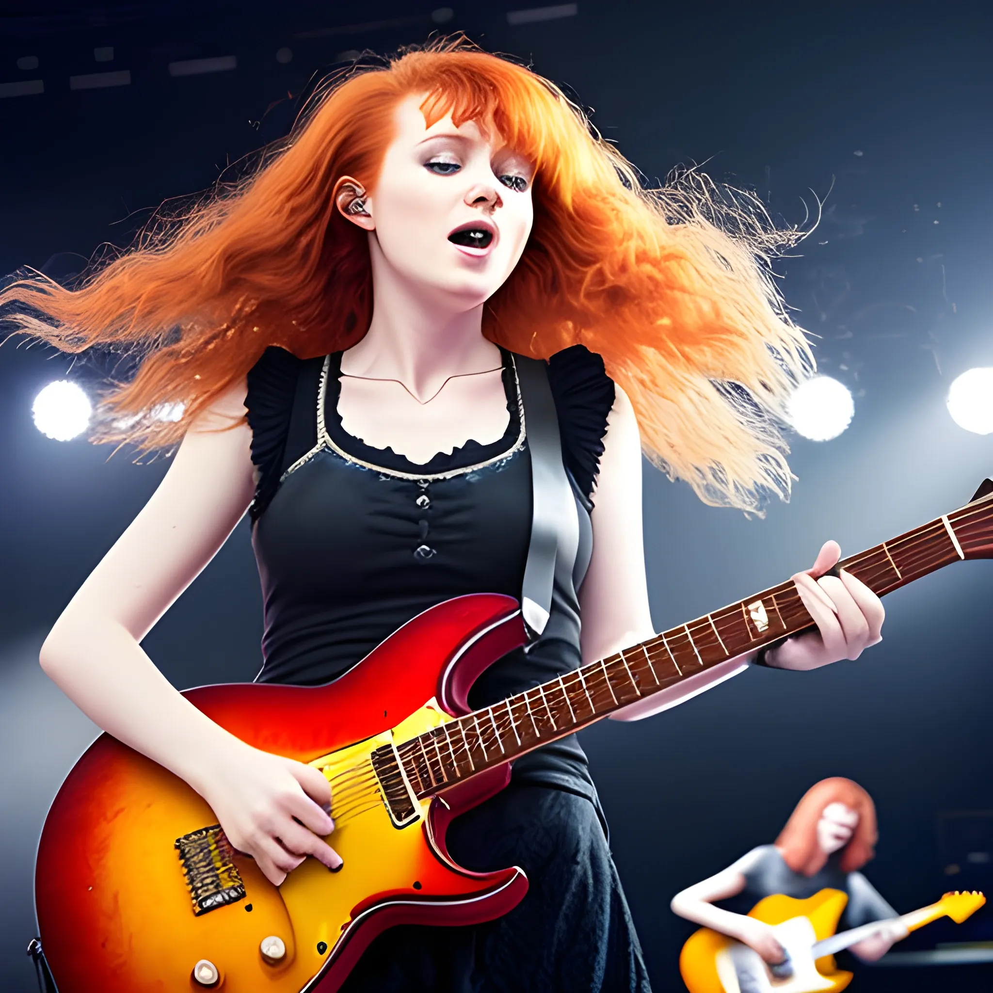 realistic, 4k, life like, Adult female singer/guitarist aged 25 to 30 on a concert arena or stadium stage, photograph taken from behind her as she looks out into the audience, long quite wild red/ginger hair with a fringe, guitar slung around onto her back with the fret pointed upwards at an angle, with her arms in the air experiencing the energy coming from the audience. wearing electric guitar on back