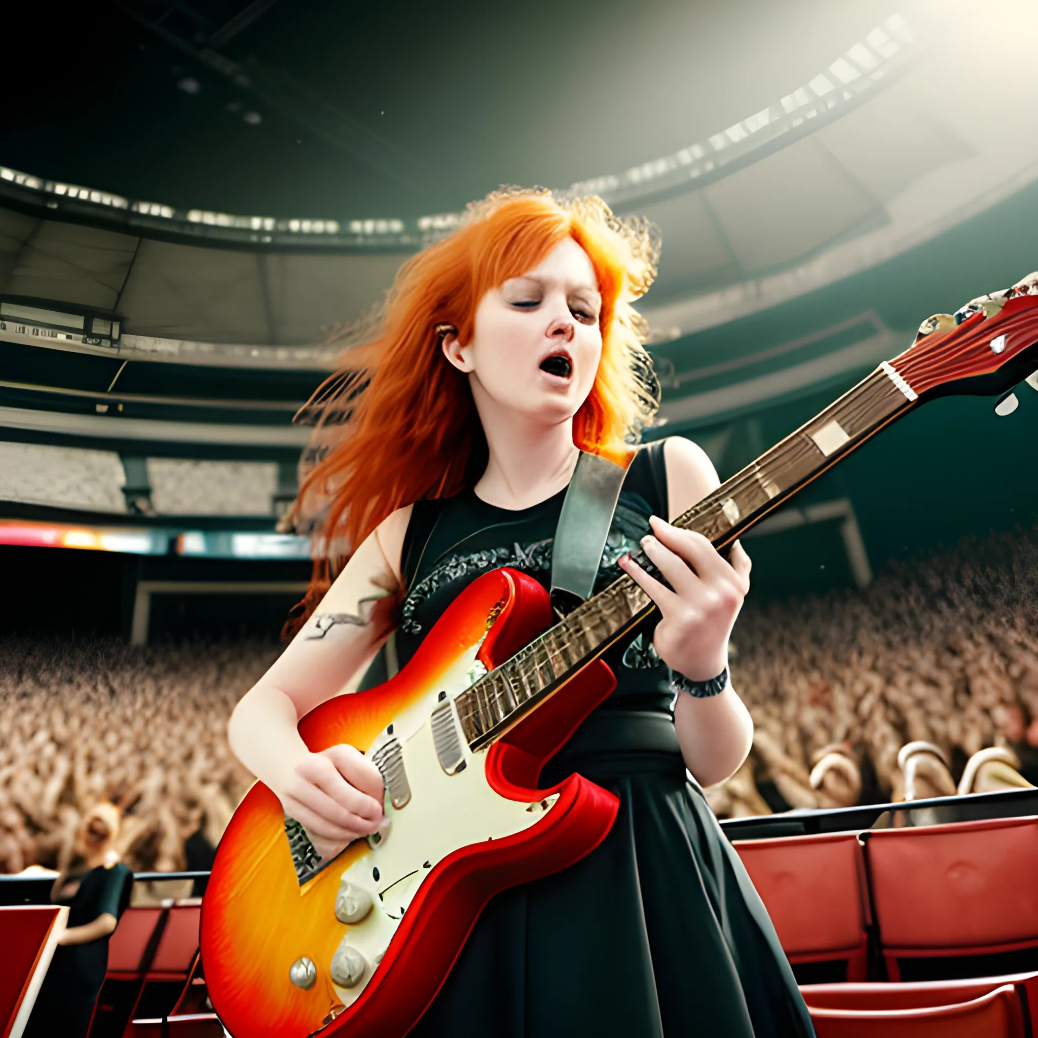 realistic, 4k, life like, rear shot of Adult female singer/guitarist aged 25 to 30 on a concert arena or stadium stage, photograph taken from behind her as she looks out into the audience, long quite wild red/ginger hair with a fringe, guitar slung around onto her back with the fret pointed upwards at an angle, with her arms in the air experiencing the energy coming from the audience. wearing electric guitar on back