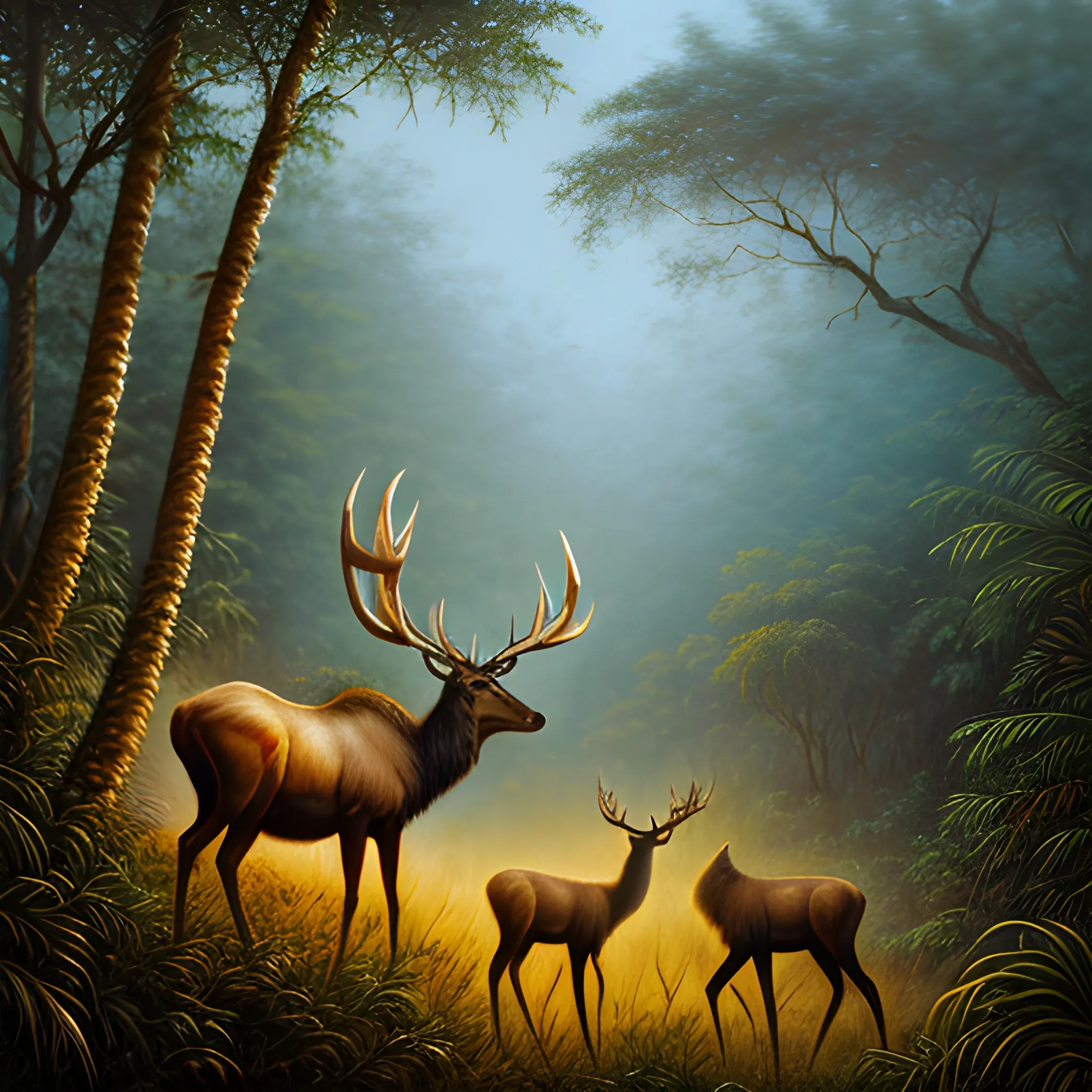 Elk in the jungle, warm tones at dusk, realistic oil painting style