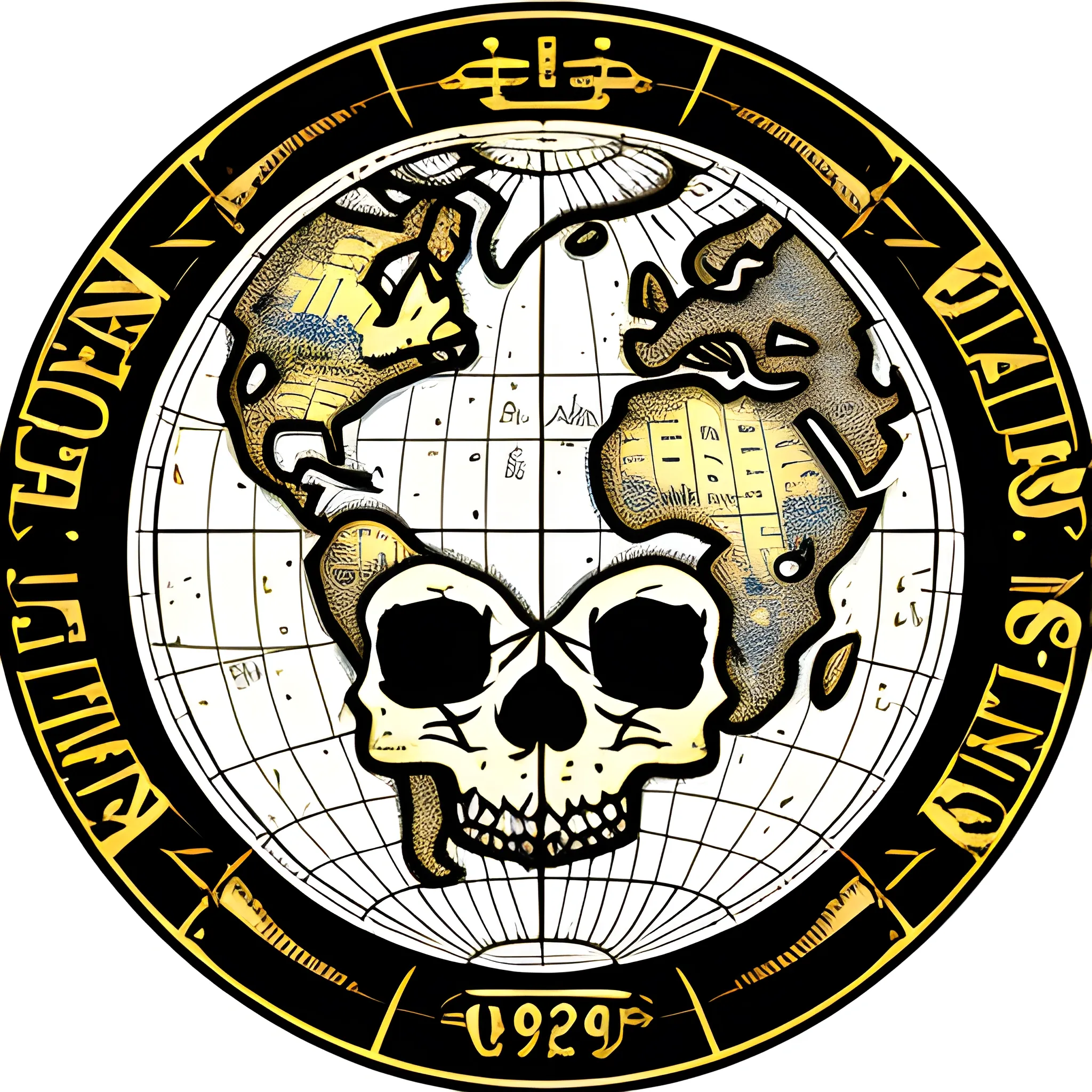 an old logo representing a skull mixed with a world map