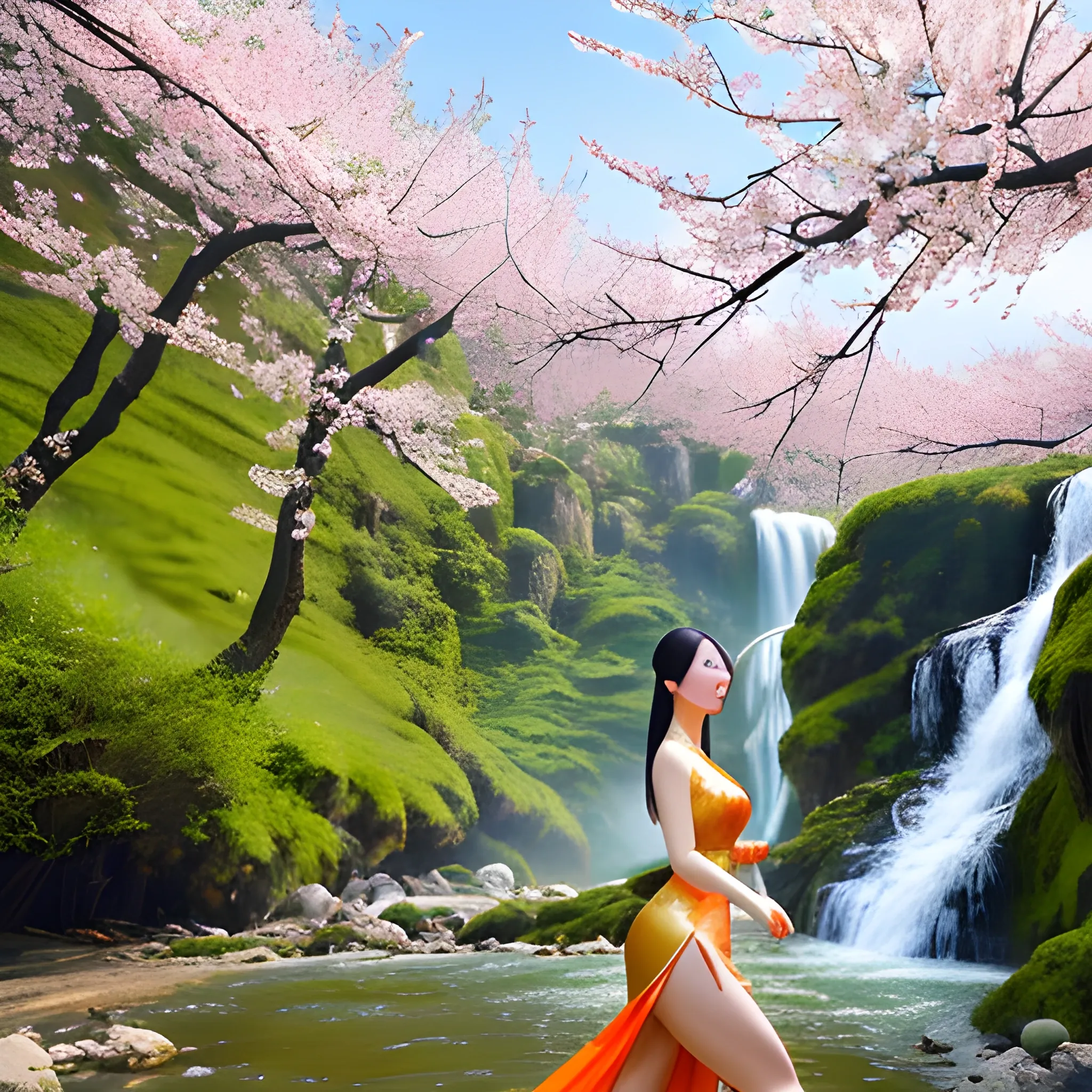 High quality, chinese young girl with beautiful body in tang costume walking by a stream with beautiful peach blossoms and trees in the background and a beautiful waterfall, 8K