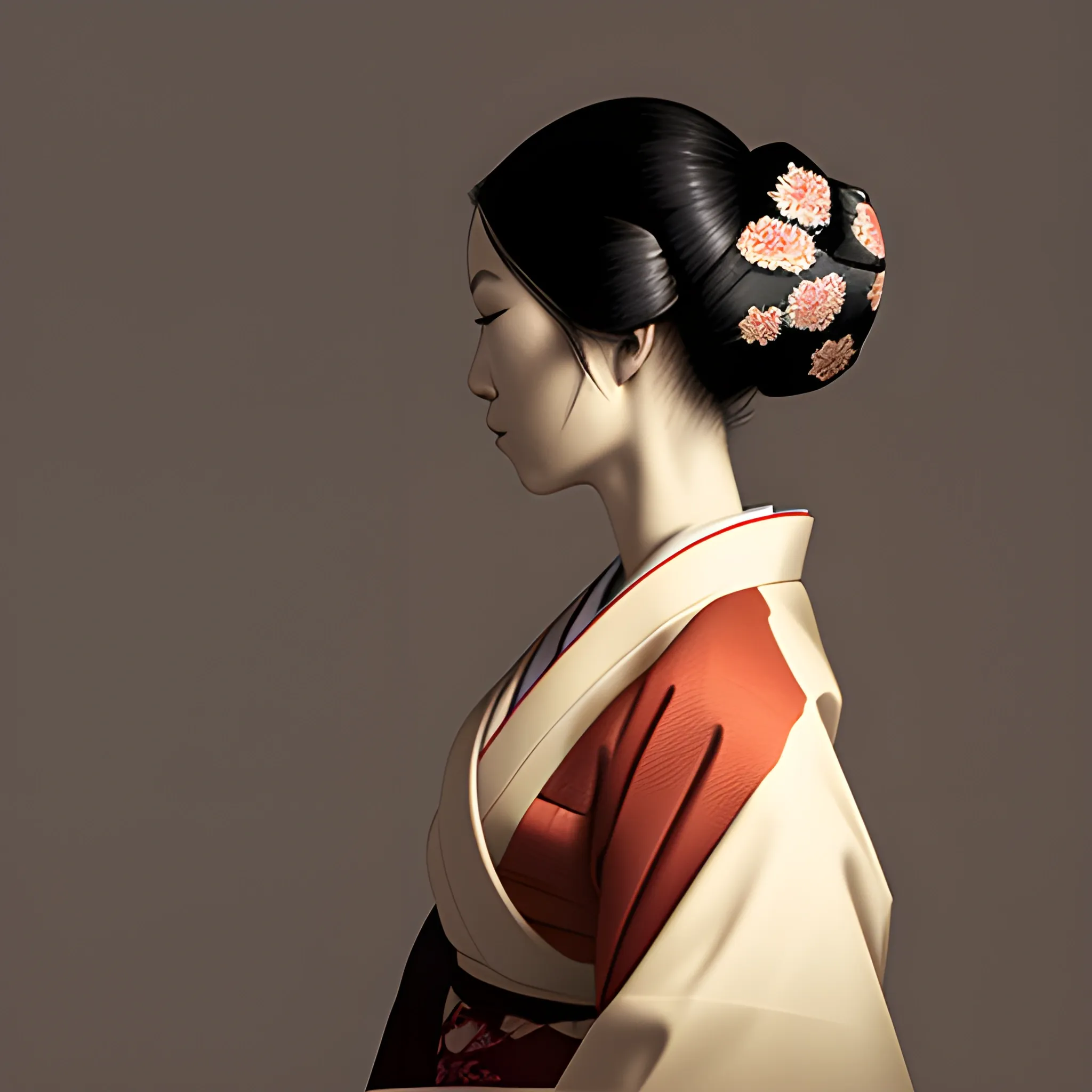 Side view of a woman wearing a kimono in a chiaroscuro style