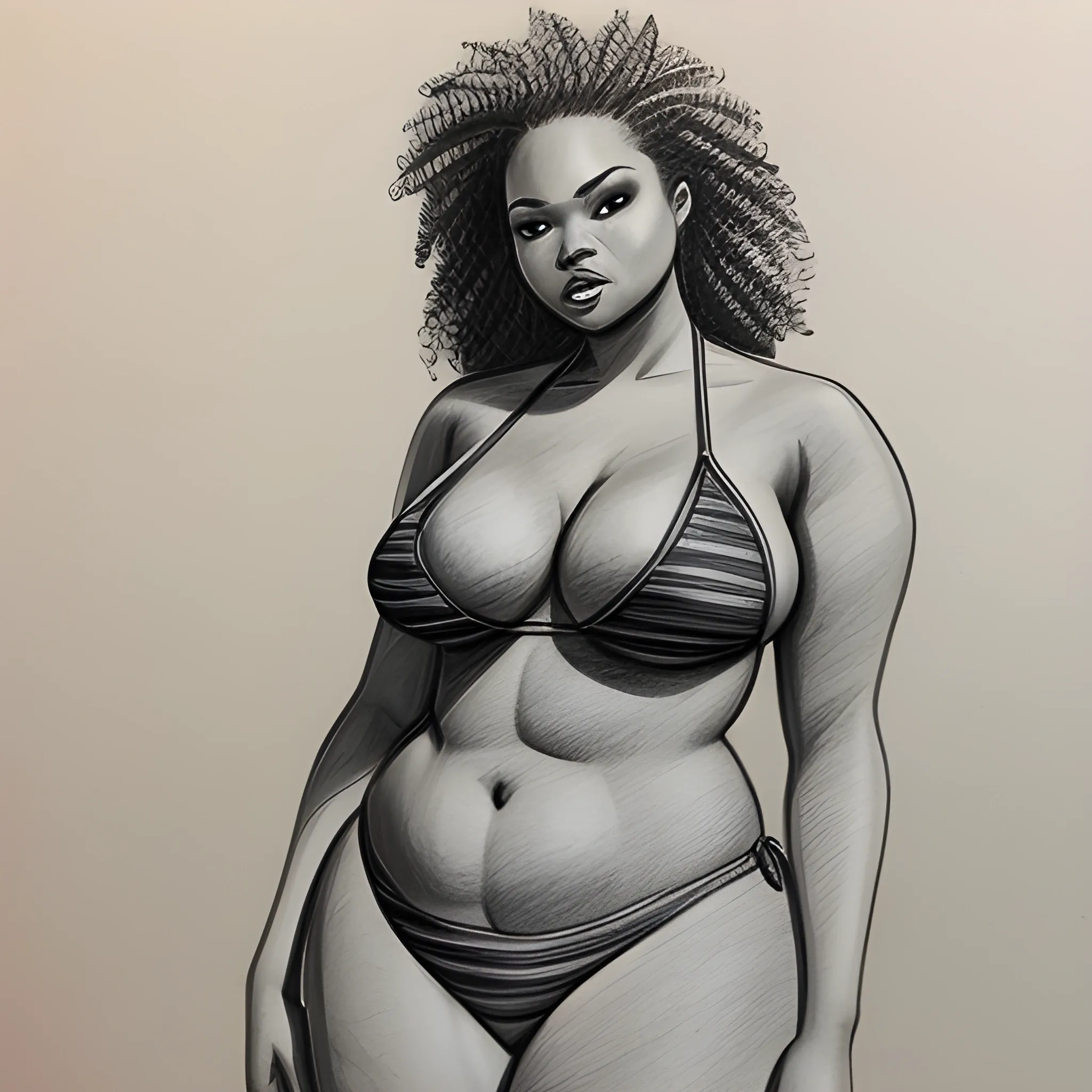 curvy woman with mixed skin in a luxury bikini standing up
,, Pencil Sketch
