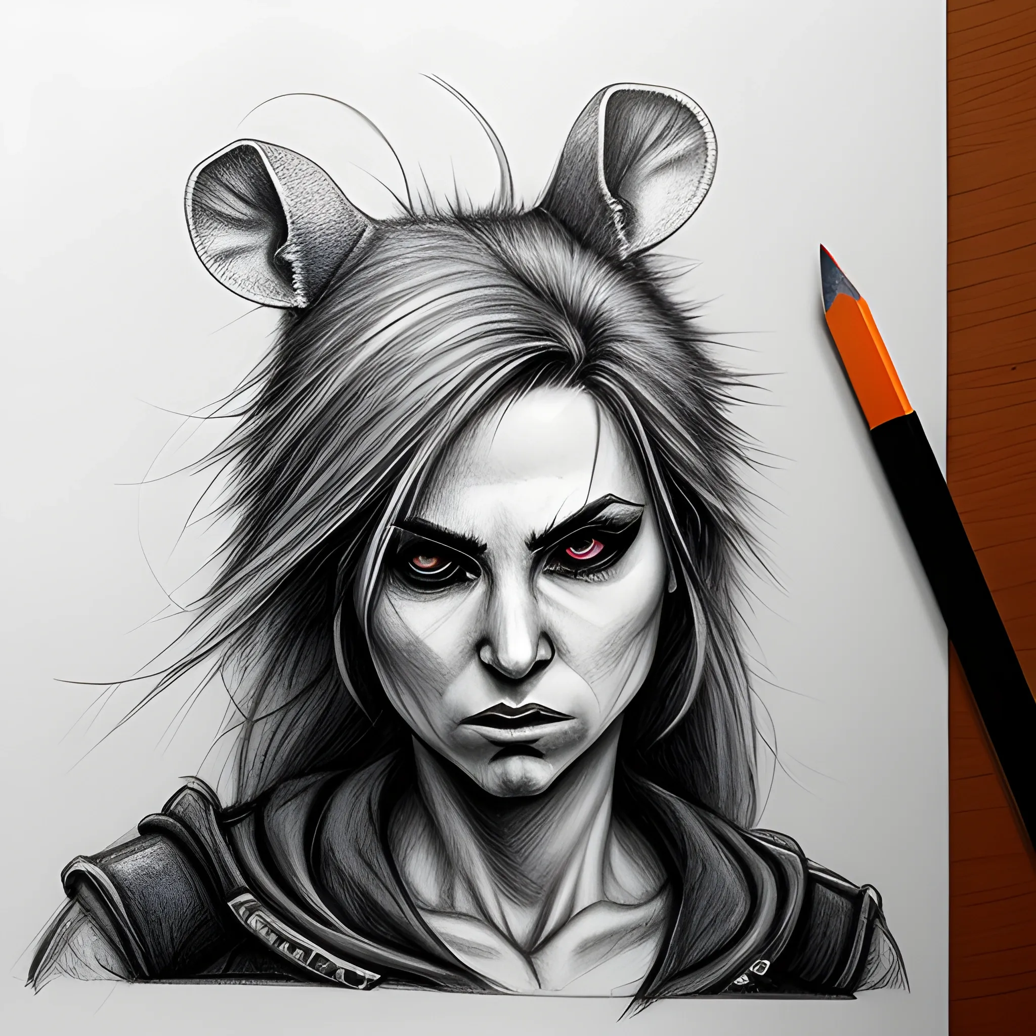 Woman rat badass ,Pencil Sketch