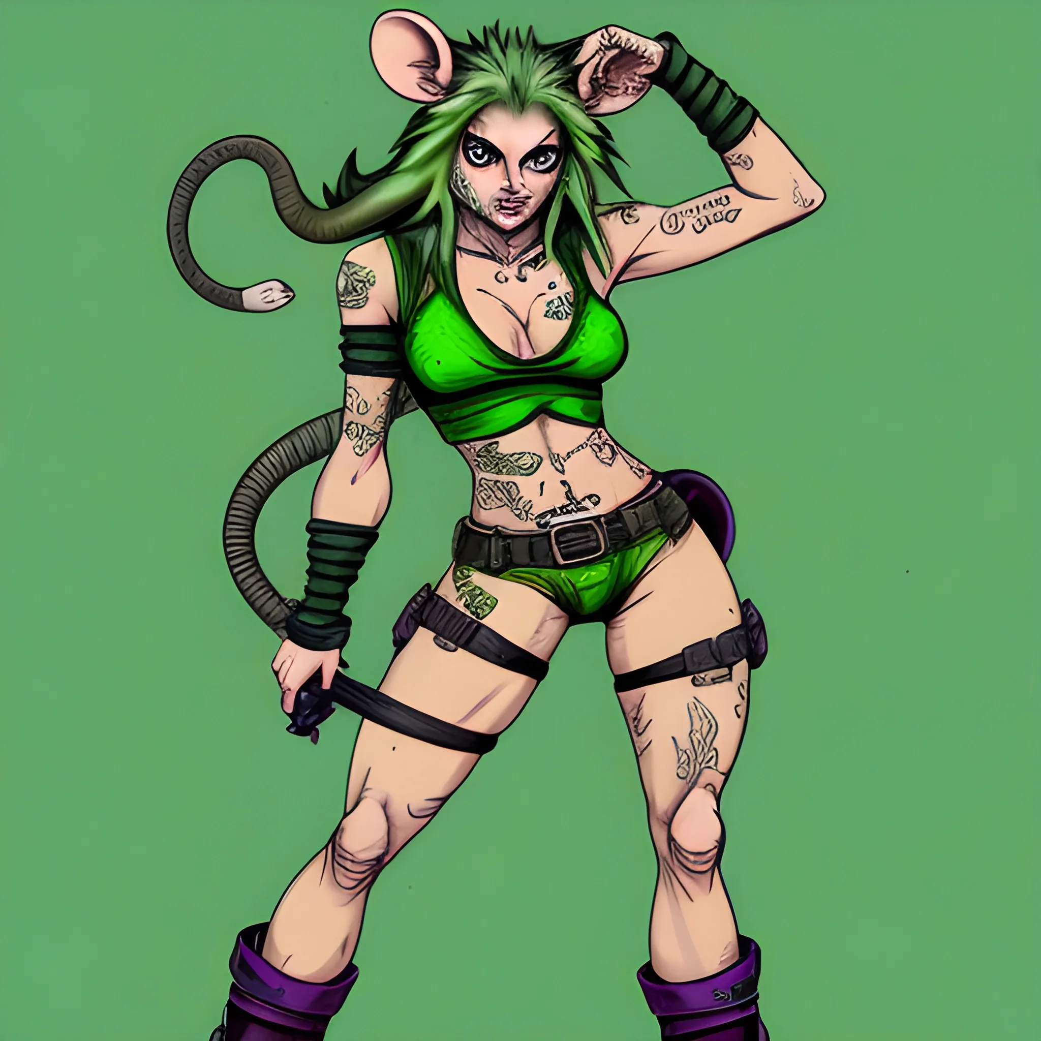 Woman rat badass full body color green , Water Color