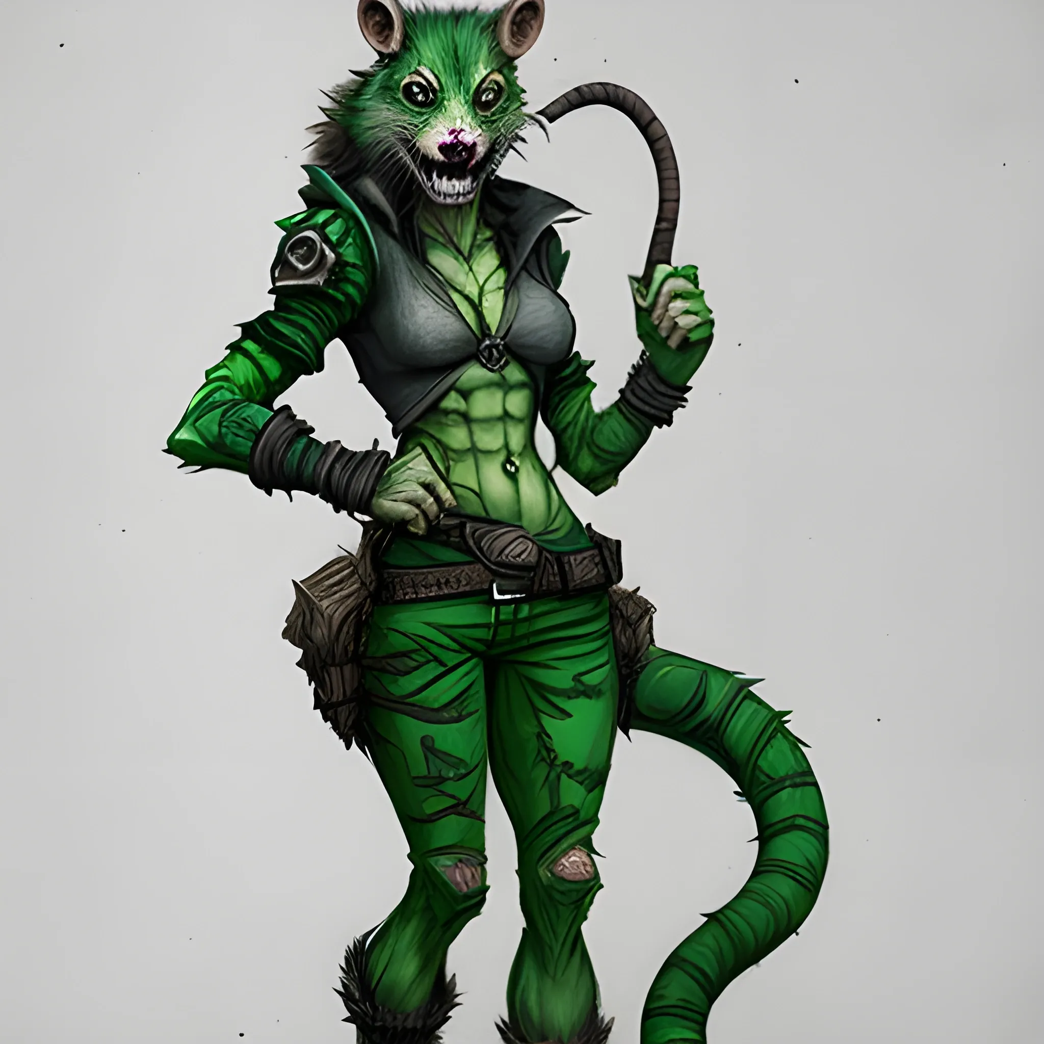 Wererat female badass full body color green ,C, Pencil Sketch
