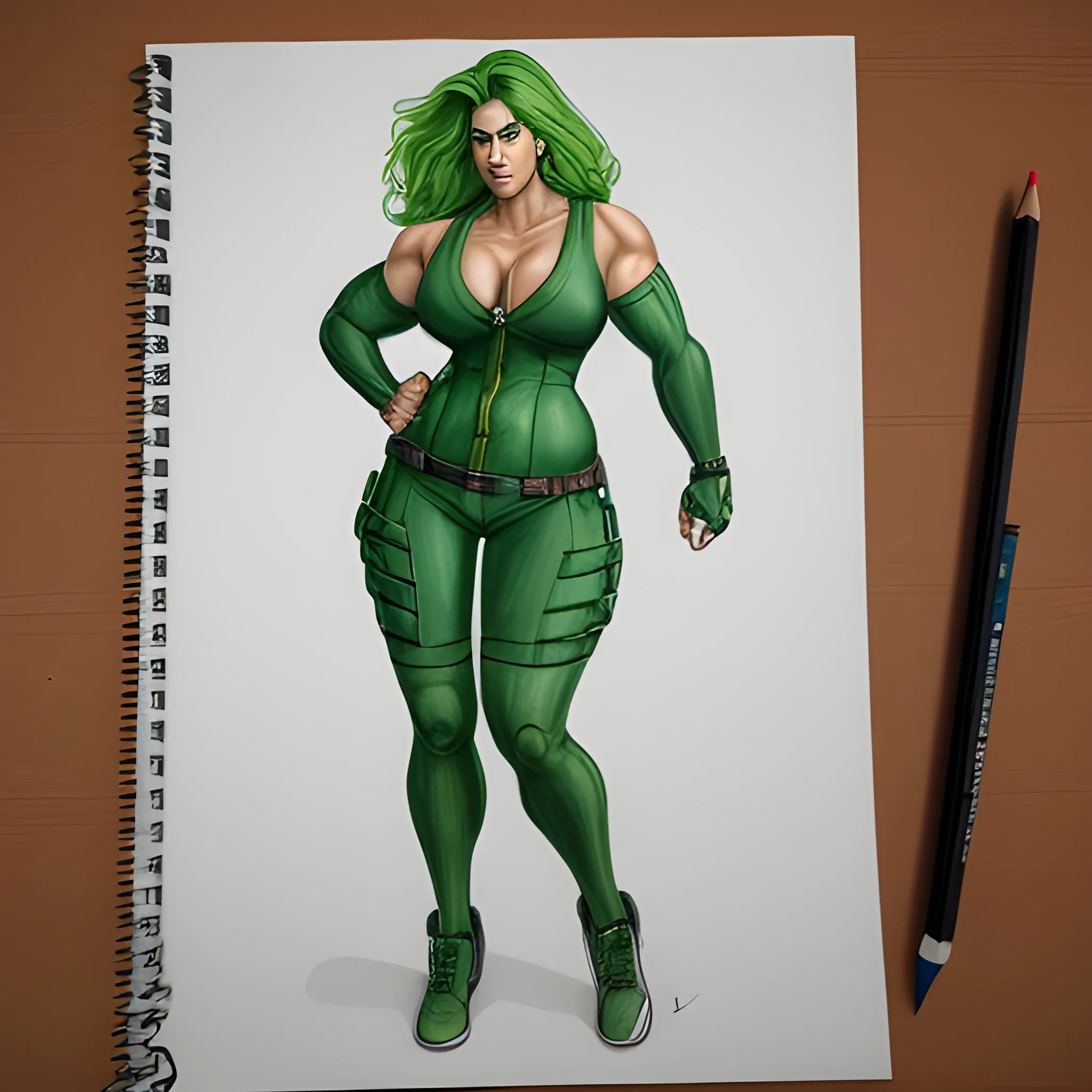  female badass full body color green ,C, Pencil Sketch laboratz big body