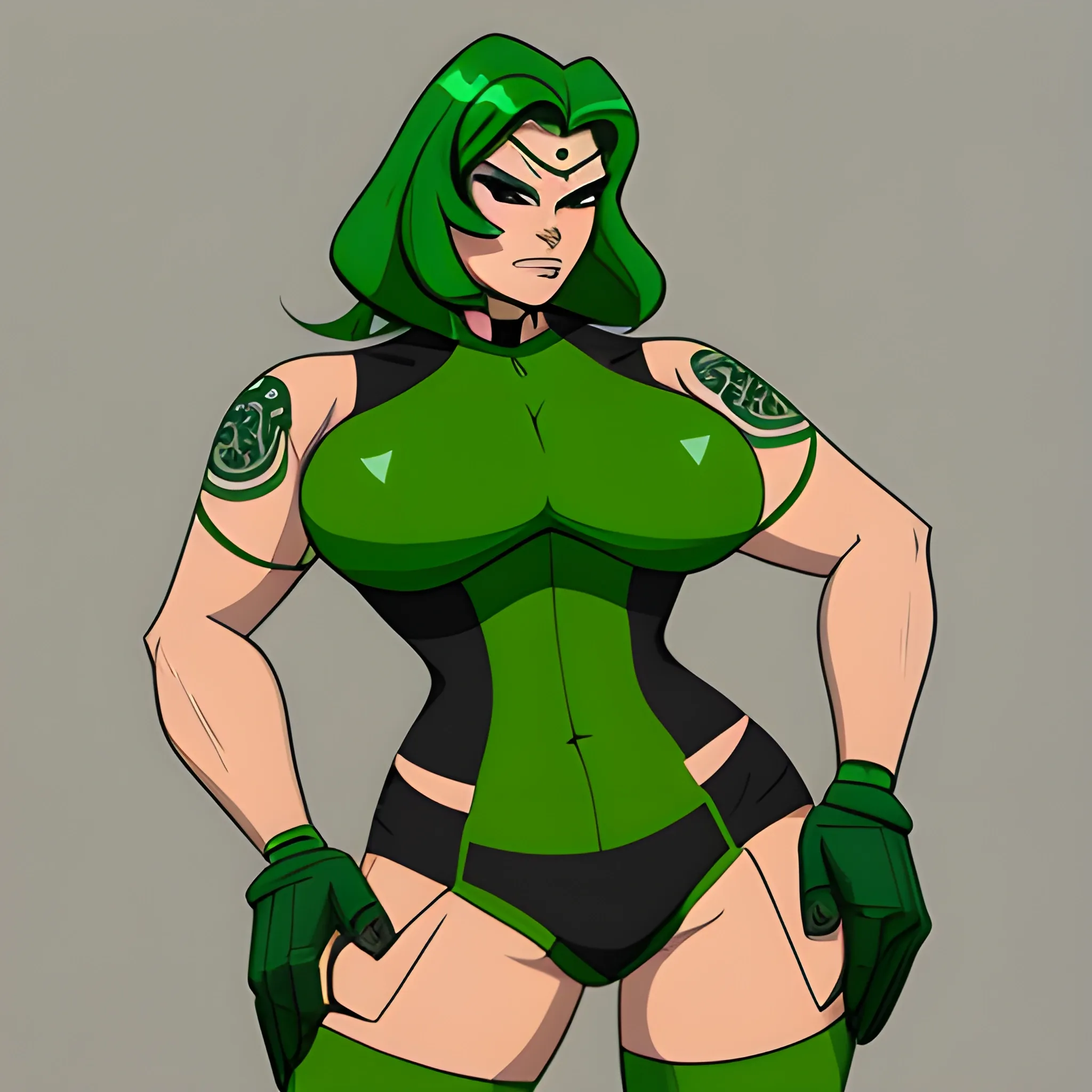 Madure woman badass full body color green ,C,  laboratz big body, Cartoon warrior 