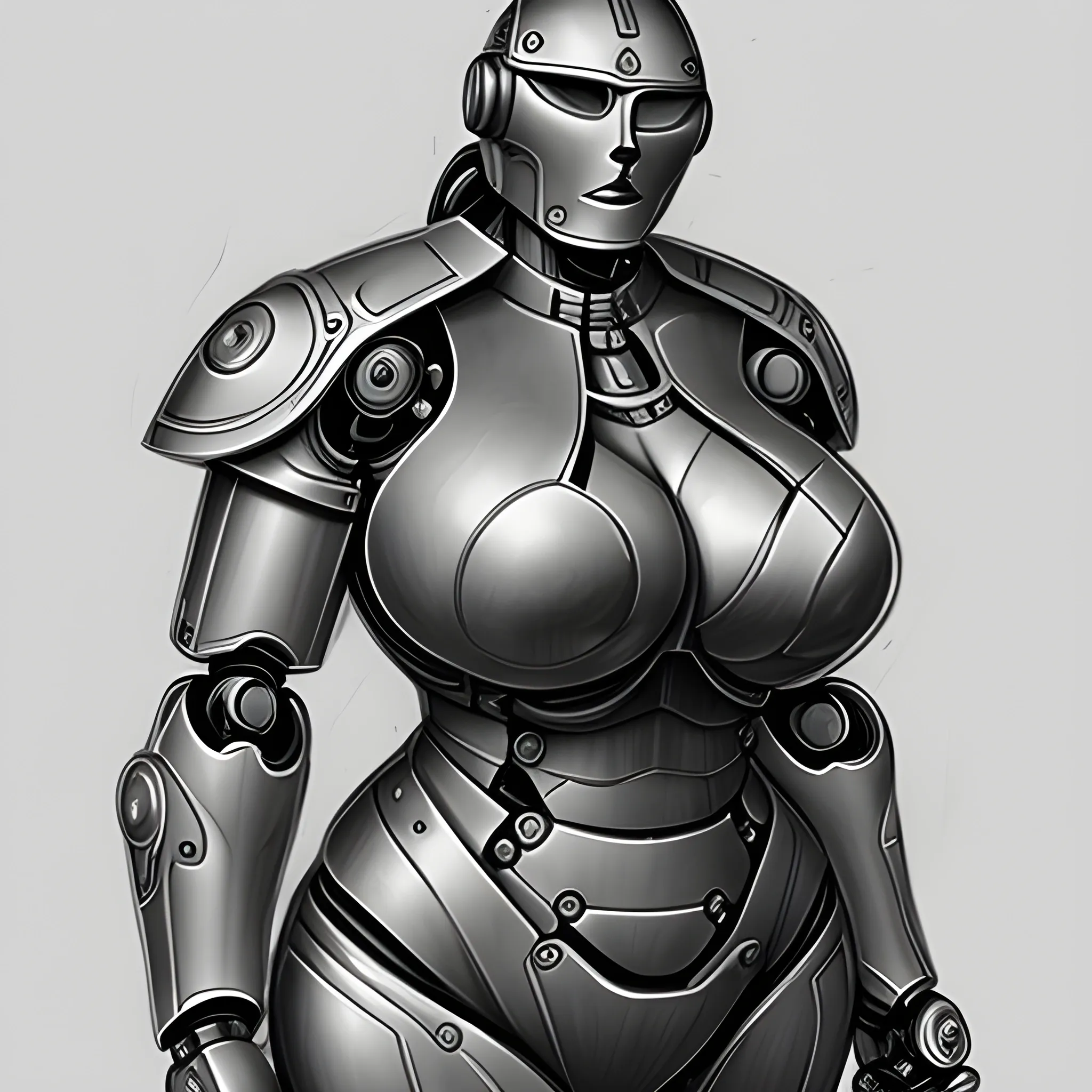 Robot full body ,  laboratz big body, warrior big bust, Pencil Sketch madure woman