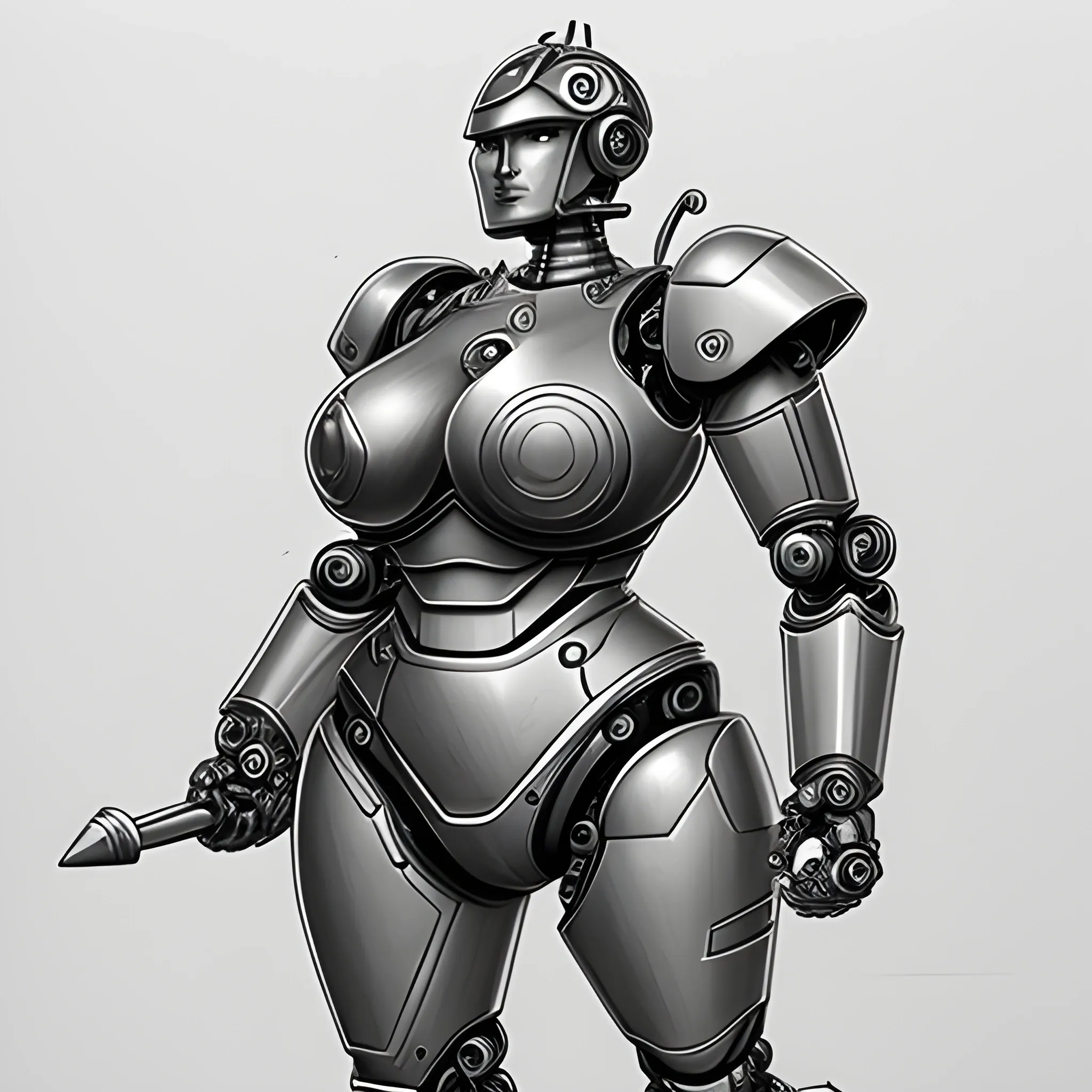 Robot full body ,  laboratz big body, warrior big bust, Pencil Sketch madure woman