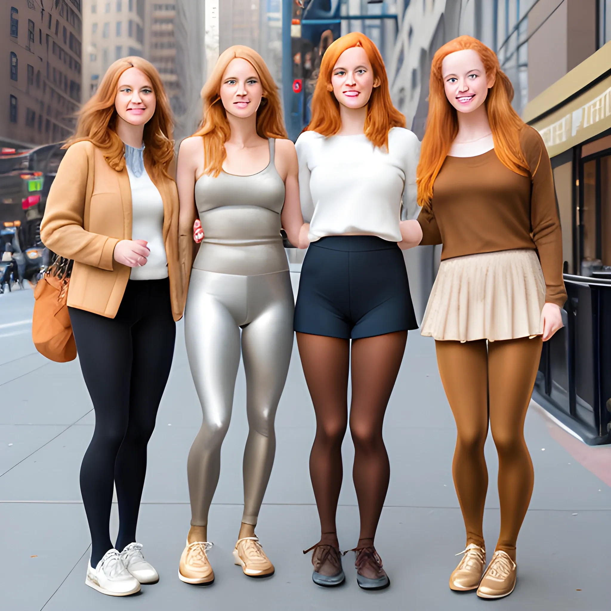 blonde woman, light brown haired woman, redhead woman, brunette woman, and silver haired woman in nyc wearing tan and light brown tights over the shoes