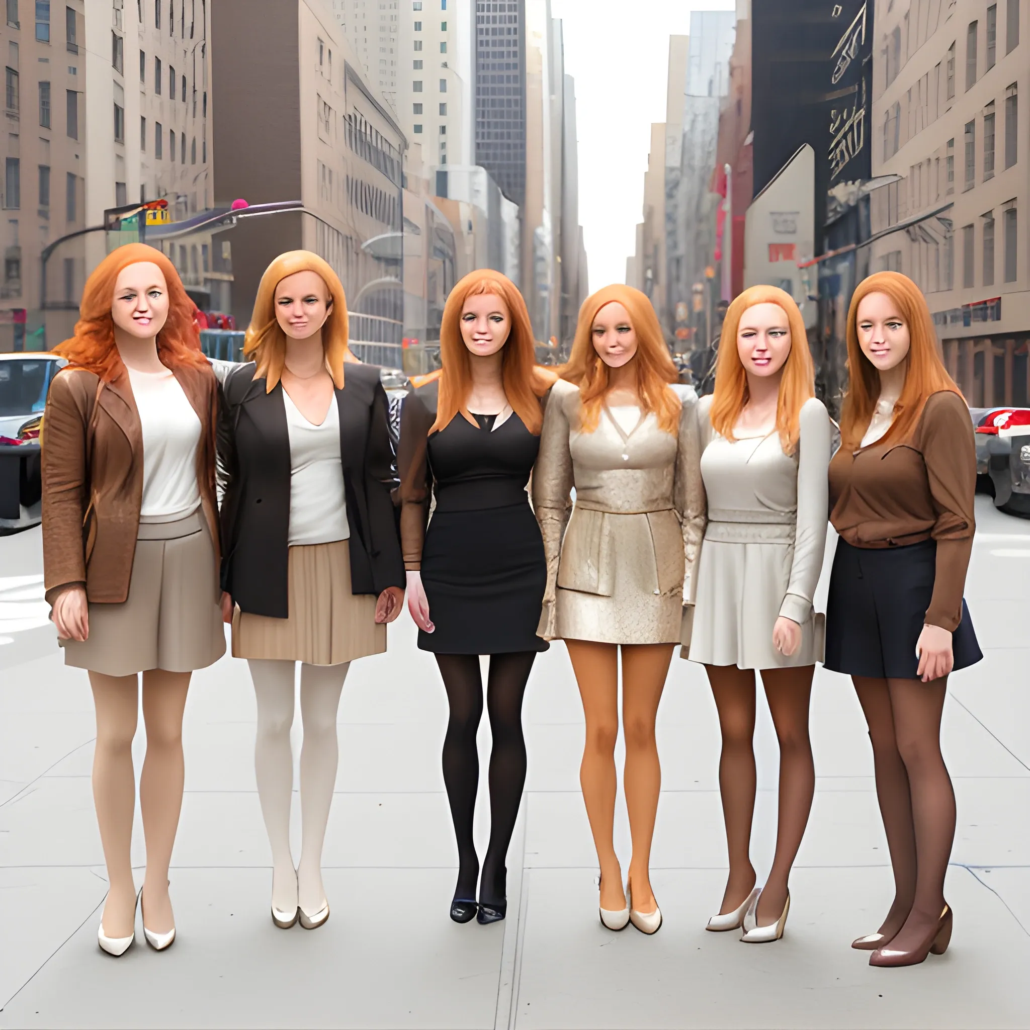 blonde woman, light brown haired woman, redhead woman, brunette woman, and silver haired woman in nyc wearing tan nylons over the shoes