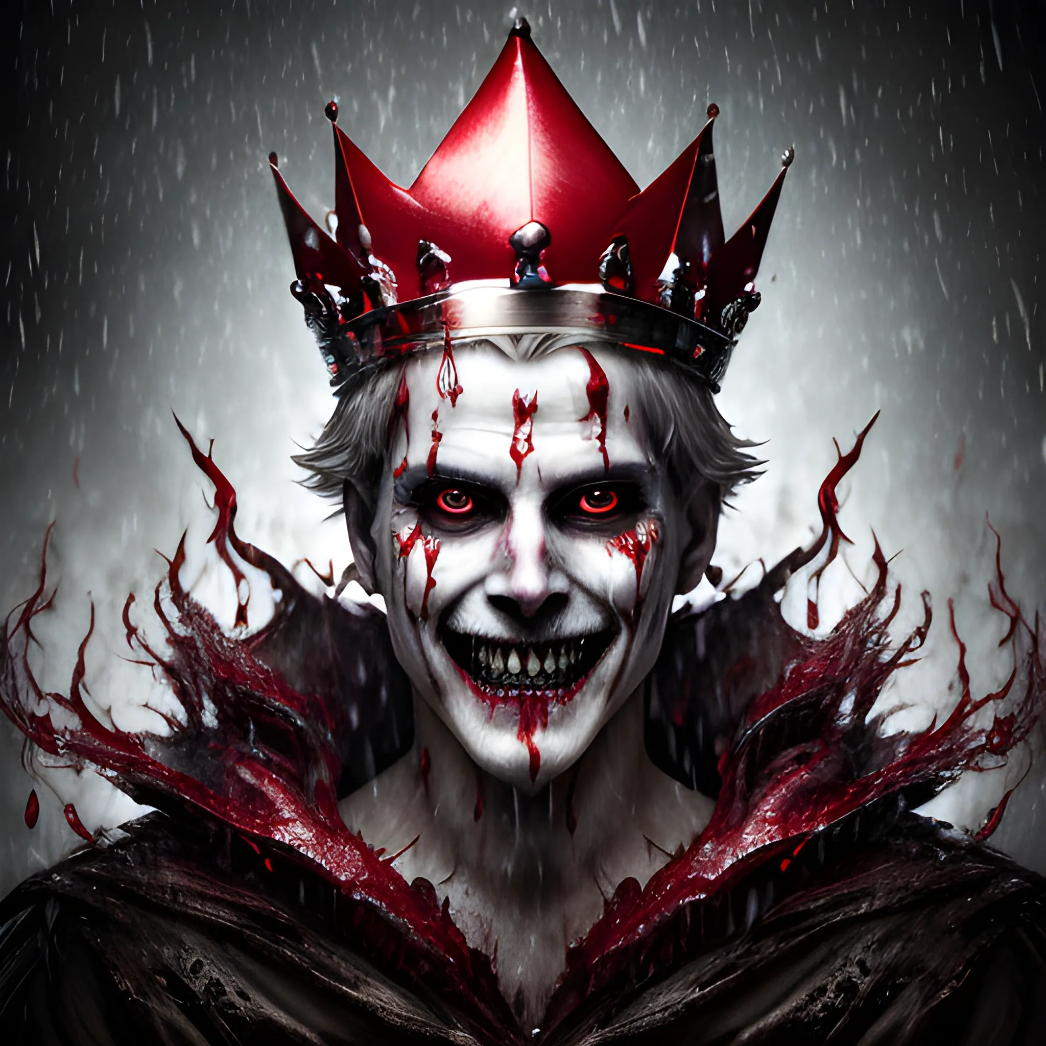 photorealistic image of the king of ghosts with a red crown, full body, ominous smile, dimmed lighting, red painted wet hair, wet makeup, evil grim, bokeh lighting, sharp teeth